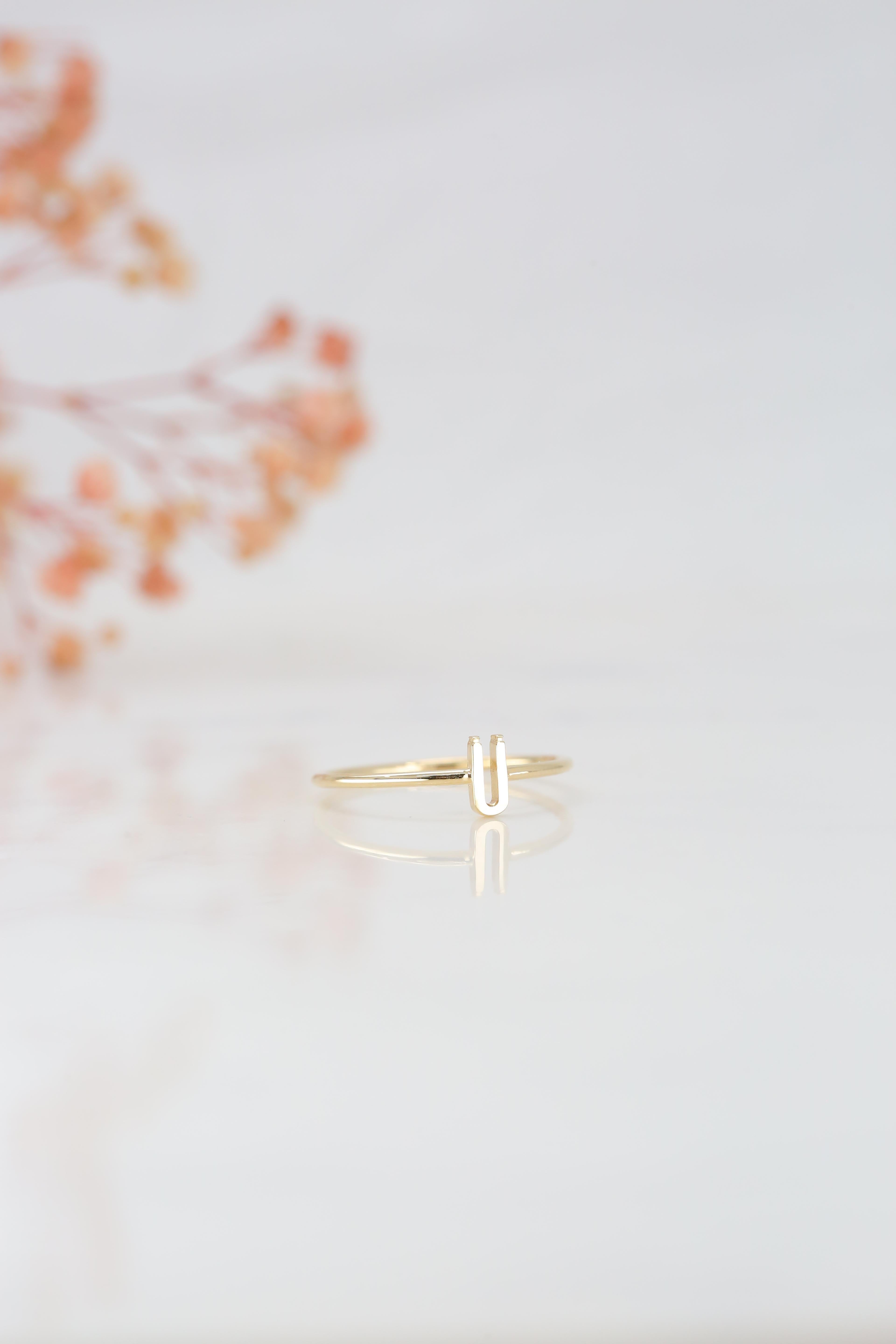 For Sale:  14K Gold Initial Ü Letter Ring, Personalized Initial Letter Ring 7