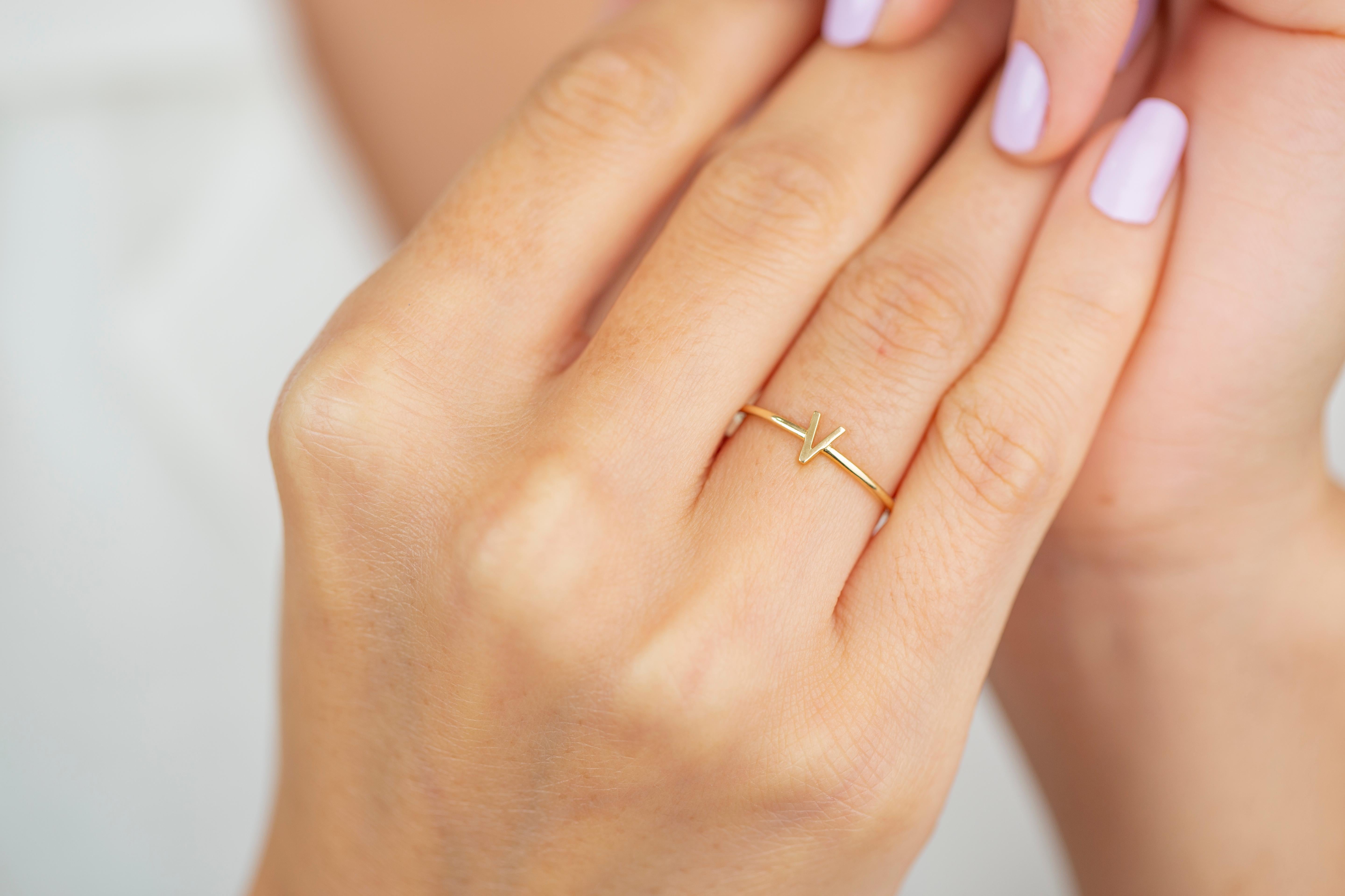 For Sale:  14K Gold Initial V Letter Ring, Personalized Initial Letter Ring 2