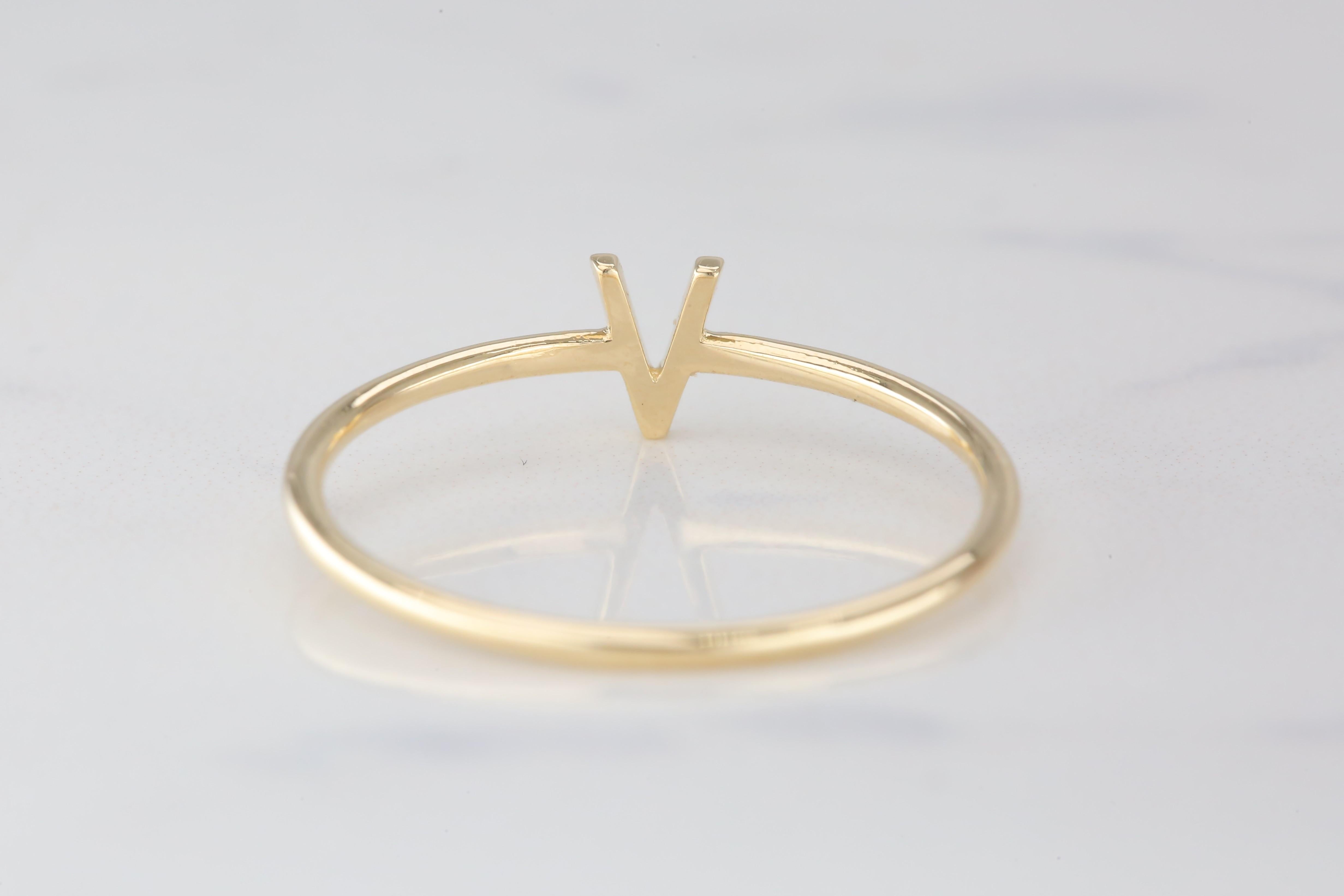 For Sale:  14K Gold Initial V Letter Ring, Personalized Initial Letter Ring 5
