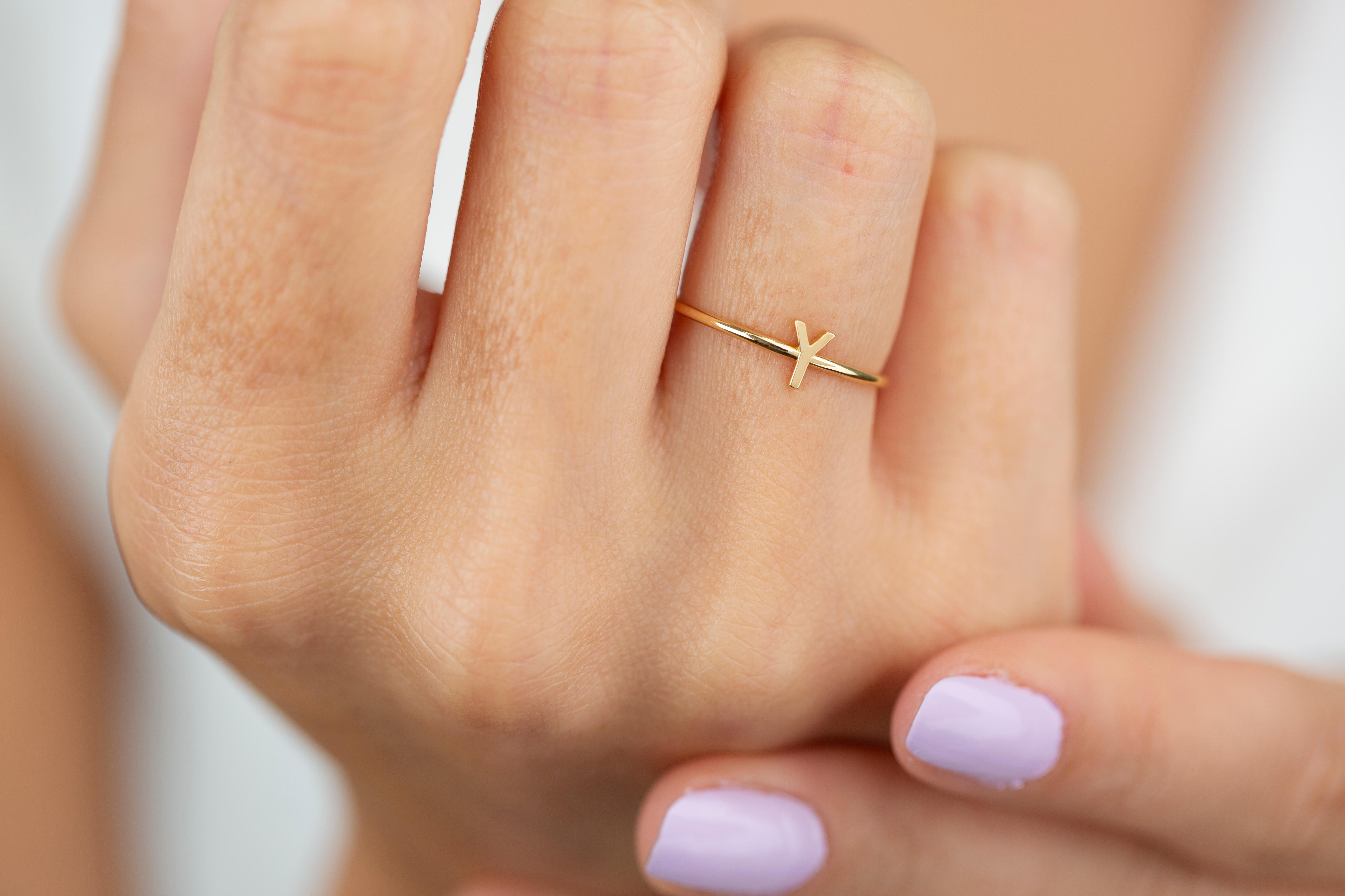 For Sale:  14K Gold Initial Y Letter Ring, Personalized Initial Letter Ring 2