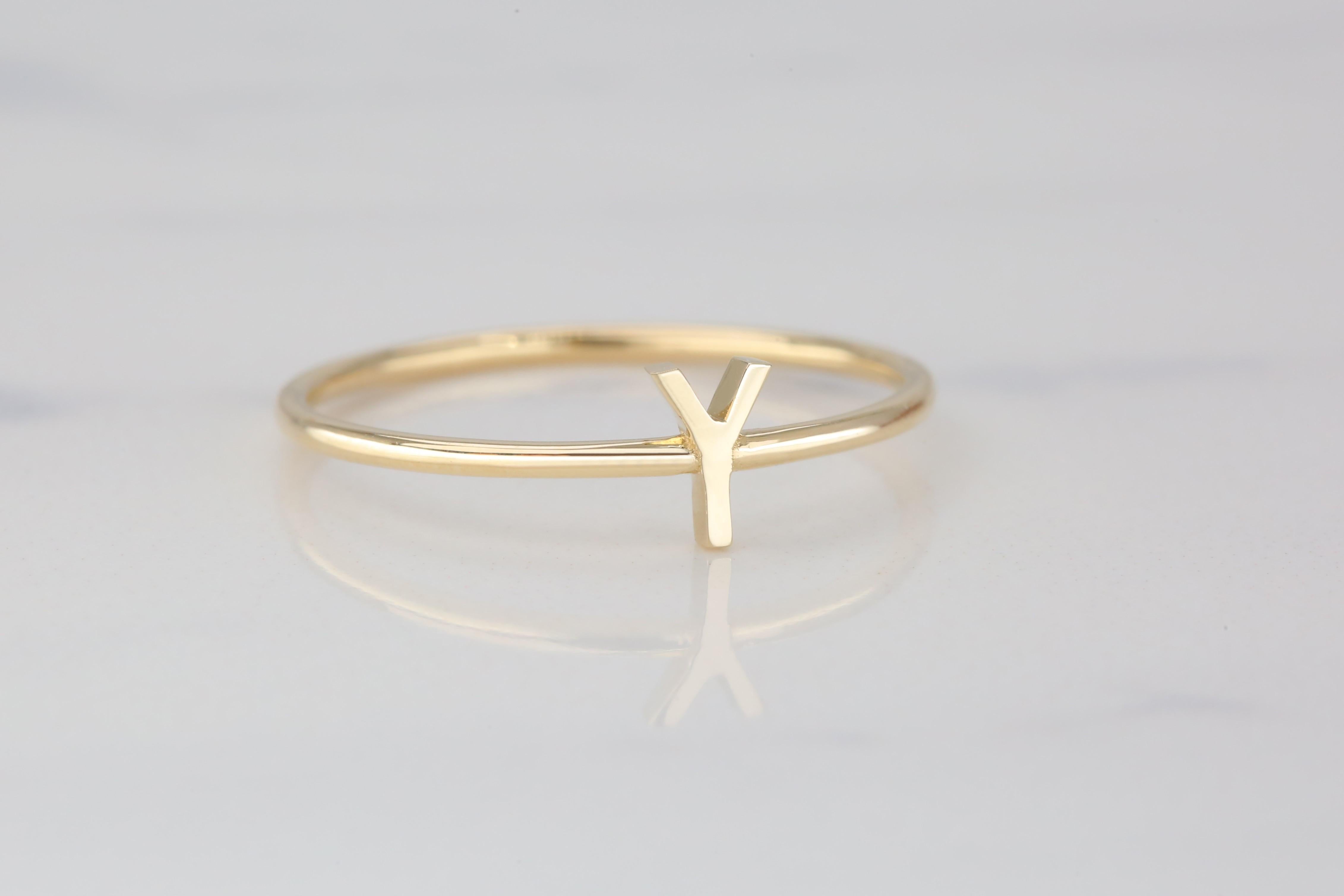For Sale:  14K Gold Initial Y Letter Ring, Personalized Initial Letter Ring 3