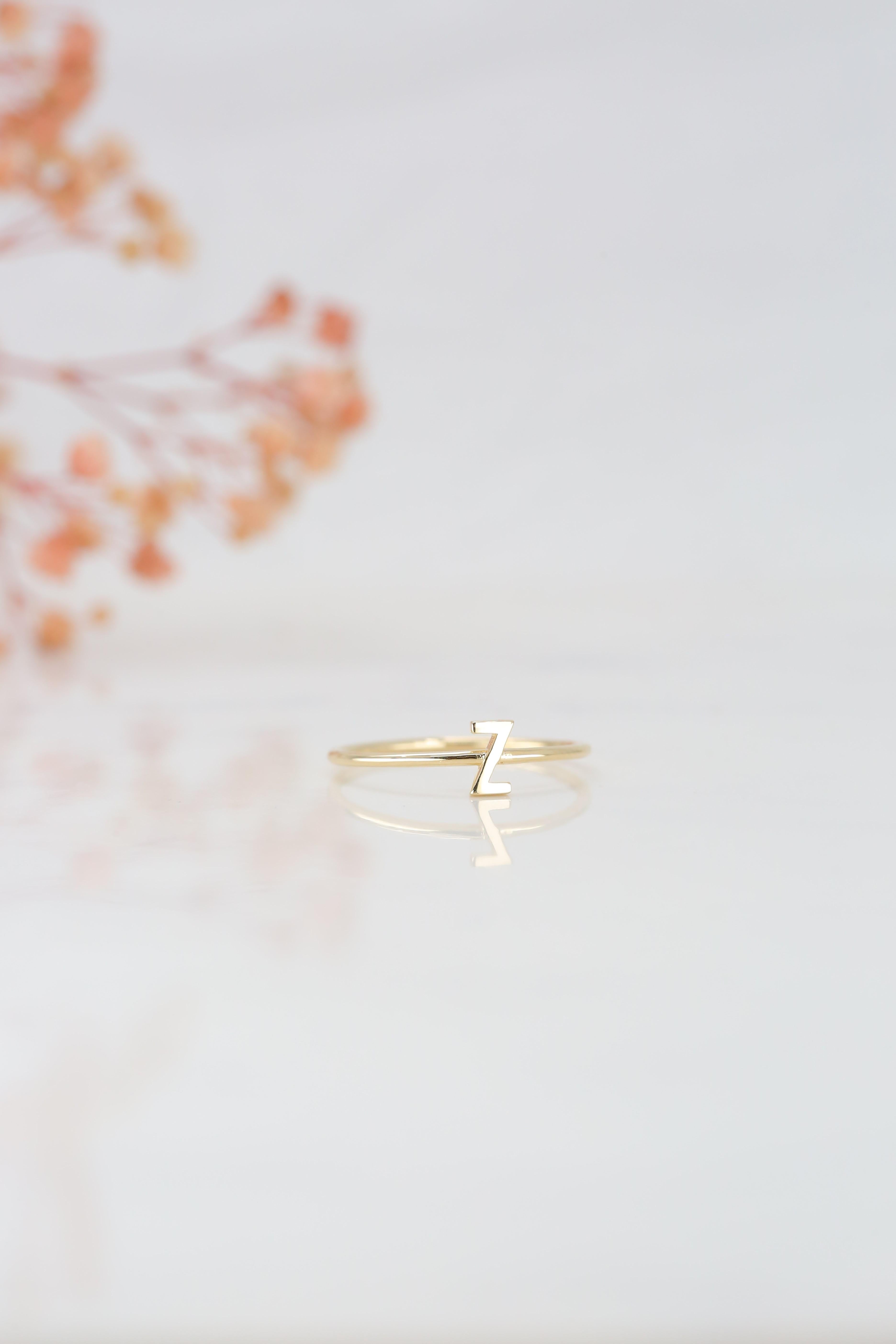 For Sale:  14K Gold Initial Z Letter Ring, Personalized Initial Letter Ring 7
