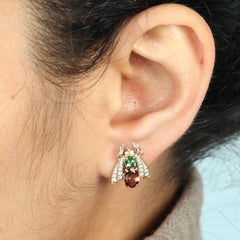 14K Gold Insect Studs Crimson Tourmaline & 0.83ct Green Tsavorite With Diamonds