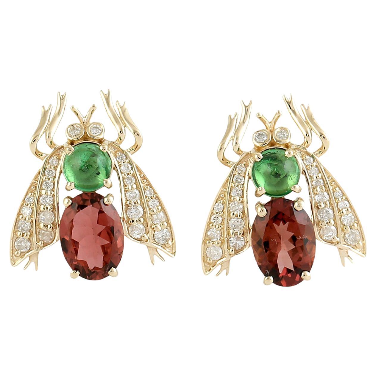 14K Gold Insect Studs Crimson Tourmaline 
0.83ct Green Tsavorite With Diamonds For Sale
