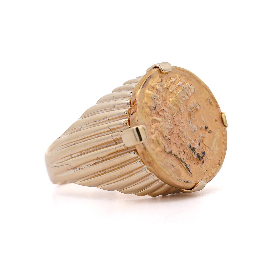 De los hombres Anillo de oro de 14 quilates grabado Zeus moneda banda acanalada Signet Mens Ring en venta