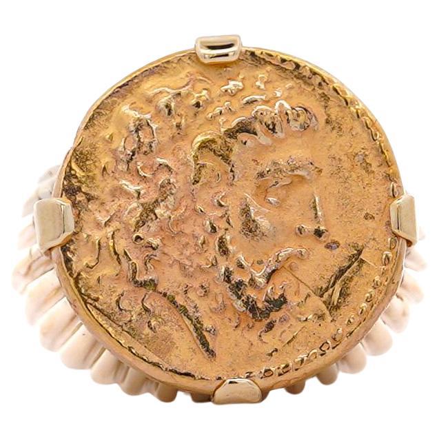 Anillo de oro de 14 quilates grabado Zeus moneda banda acanalada Signet Mens Ring en venta