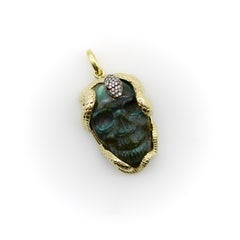 14K Gold Intertwining Snake and Carved Labradorite Skull Pendant