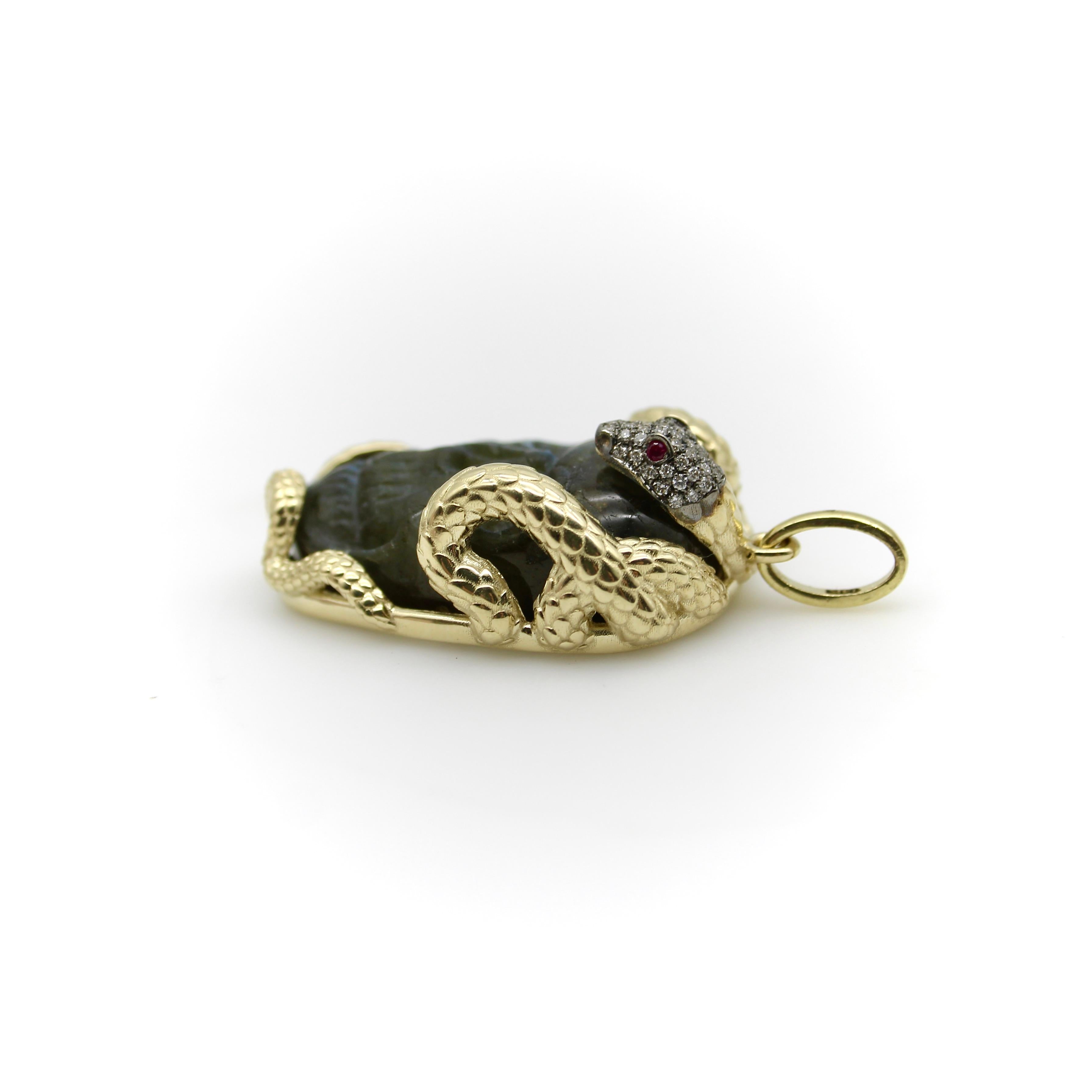 Women's or Men's 14K Gold Intertwining Snake and Carved Labradorite Skull Pendant For Sale