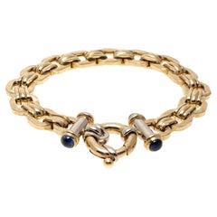14K Yellow Gold Chunky Decorative Clasp Link Bracelet With Cabachon Sapphires