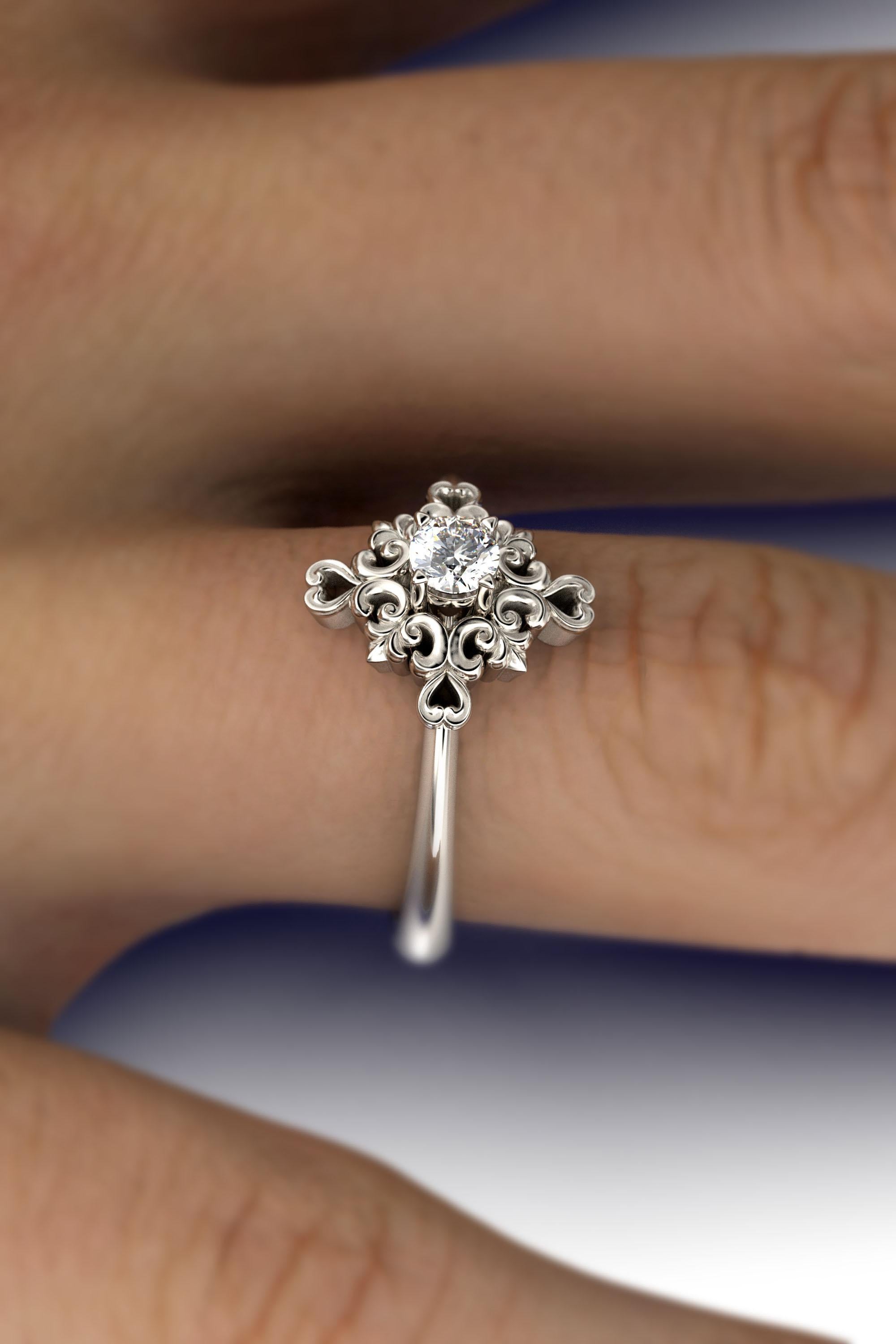 En vente :  Bague de fiançailles italienne en or 14 carats et diamants avec sertissage baroque 10
