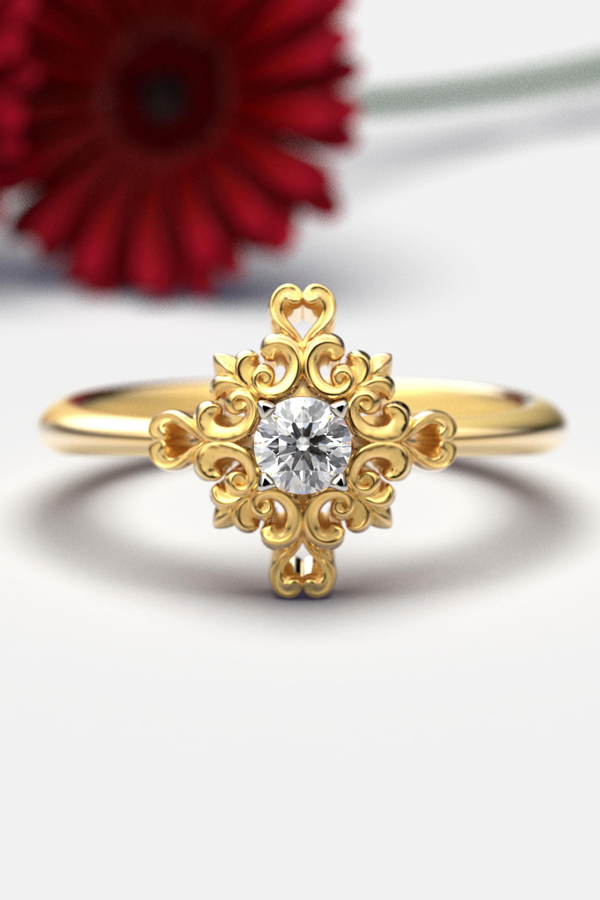 En vente :  Bague de fiançailles italienne en or 14 carats et diamants avec sertissage baroque 2