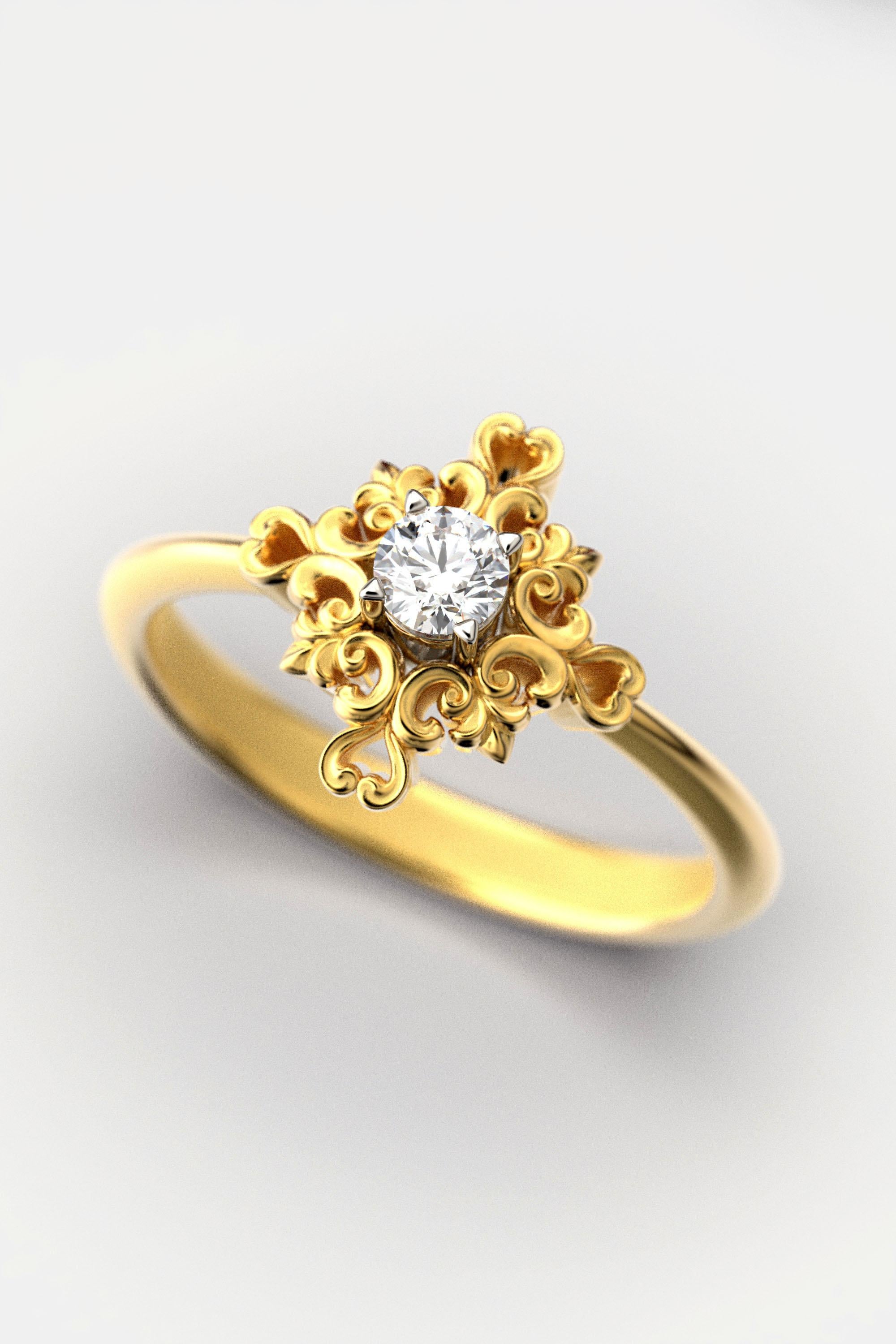 En vente :  Bague de fiançailles italienne en or 14 carats et diamants avec sertissage baroque 3