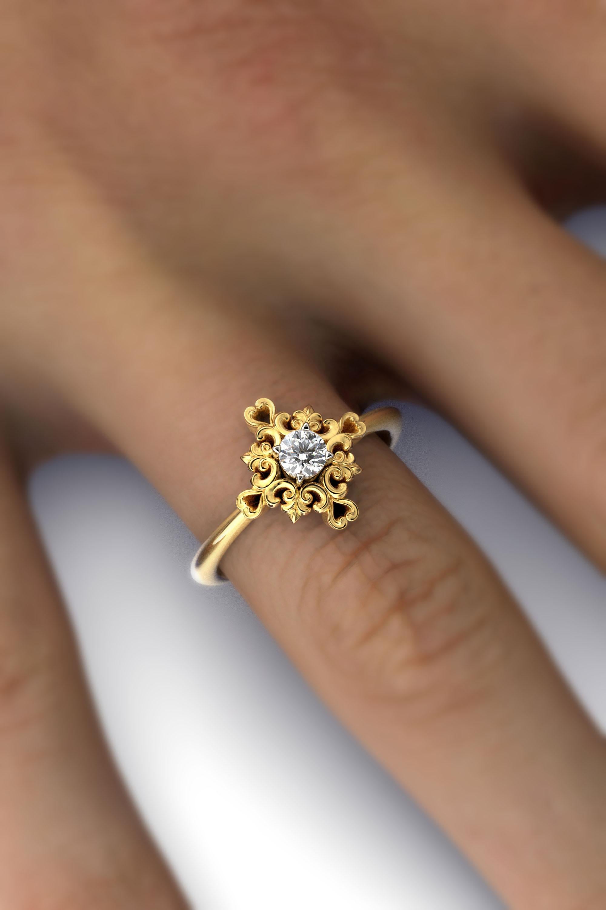En vente :  Bague de fiançailles italienne en or 14 carats et diamants avec sertissage baroque 4