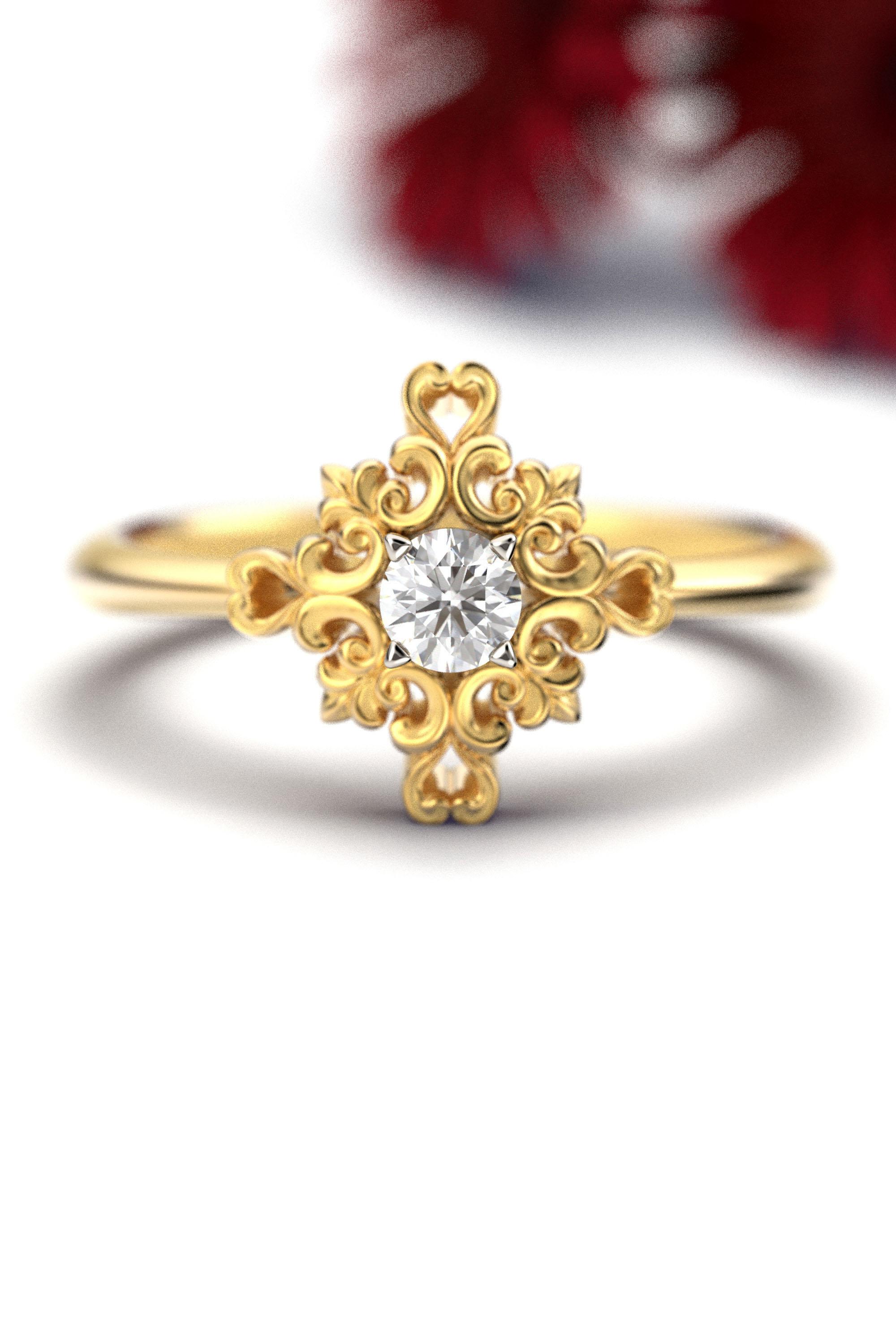En vente :  Bague de fiançailles italienne en or 14 carats et diamants avec sertissage baroque 5
