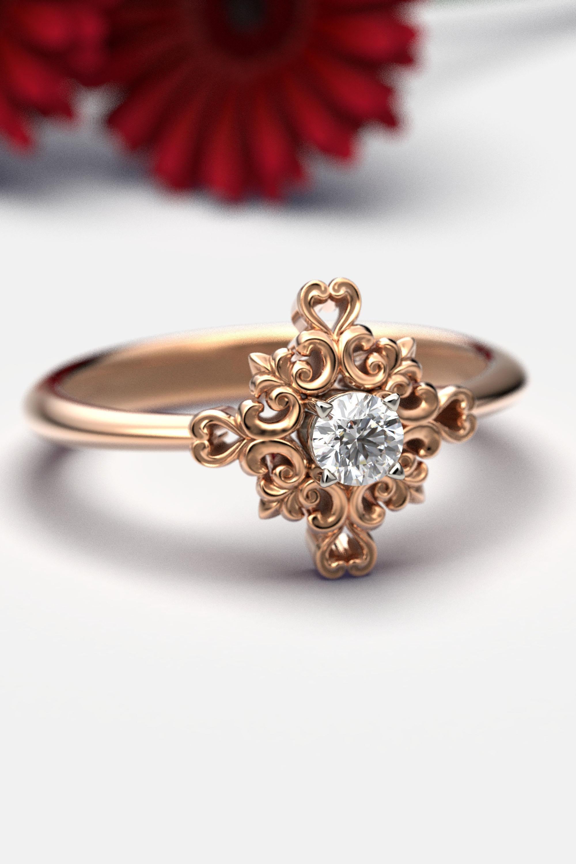 En vente :  Bague de fiançailles italienne en or 14 carats et diamants avec sertissage baroque 6