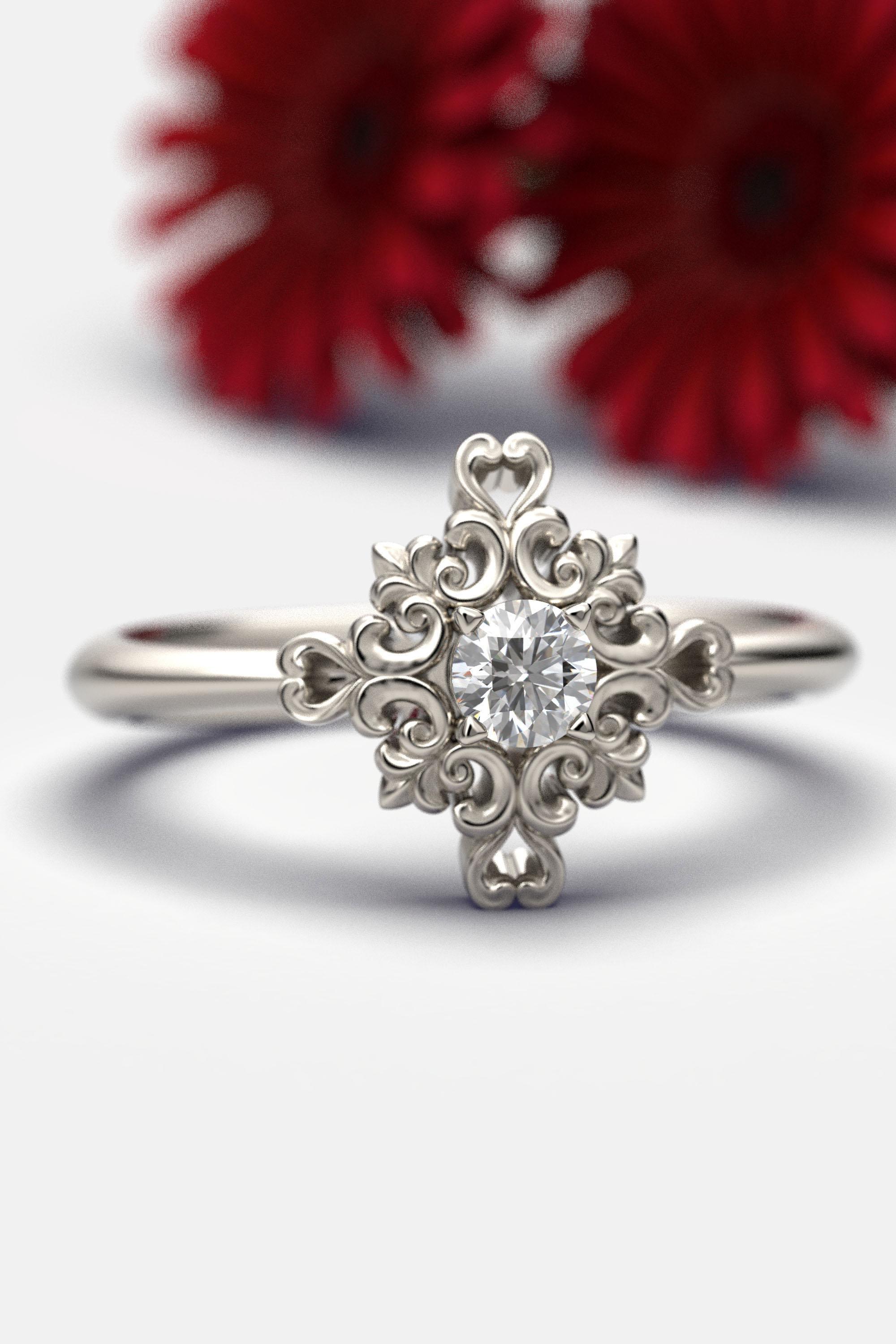 En vente :  Bague de fiançailles italienne en or 14 carats et diamants avec sertissage baroque 9