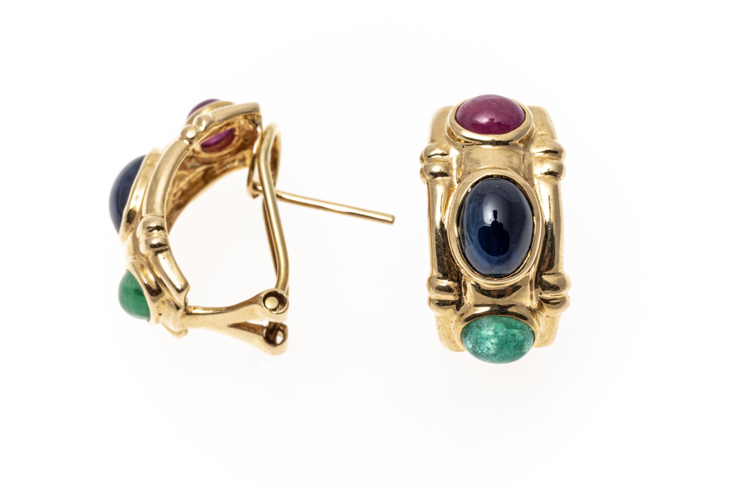 14K Yellow Gold Cabochon Sapphire, Ruby and Emerald Bamboo 