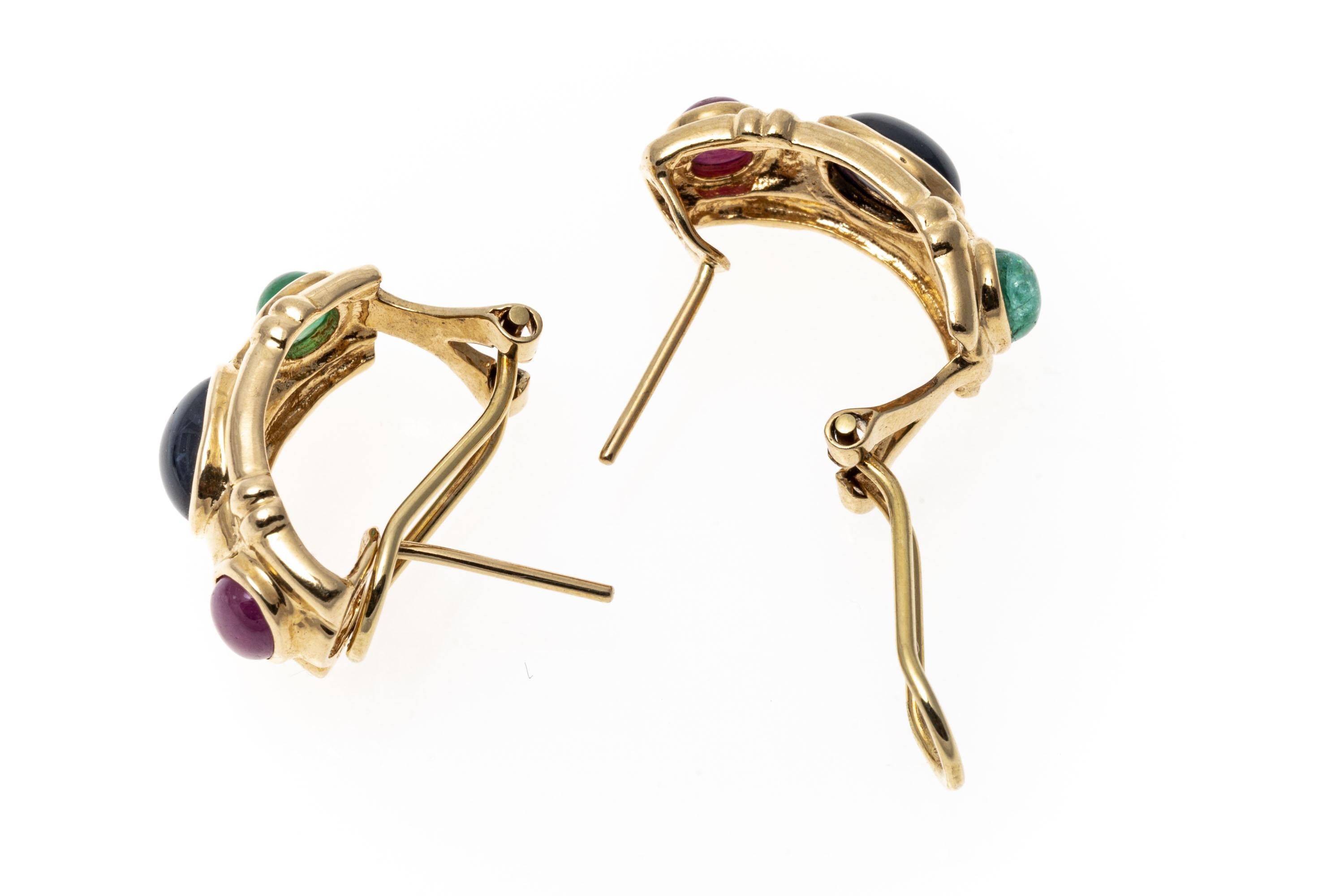 Women's 14K Yellow Gold Cabochon Sapphire, Ruby and Emerald Bamboo 