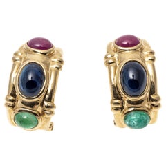 14K Yellow Gold Cabochon Sapphire, Ruby and Emerald Bamboo "J" Hoop Earrings