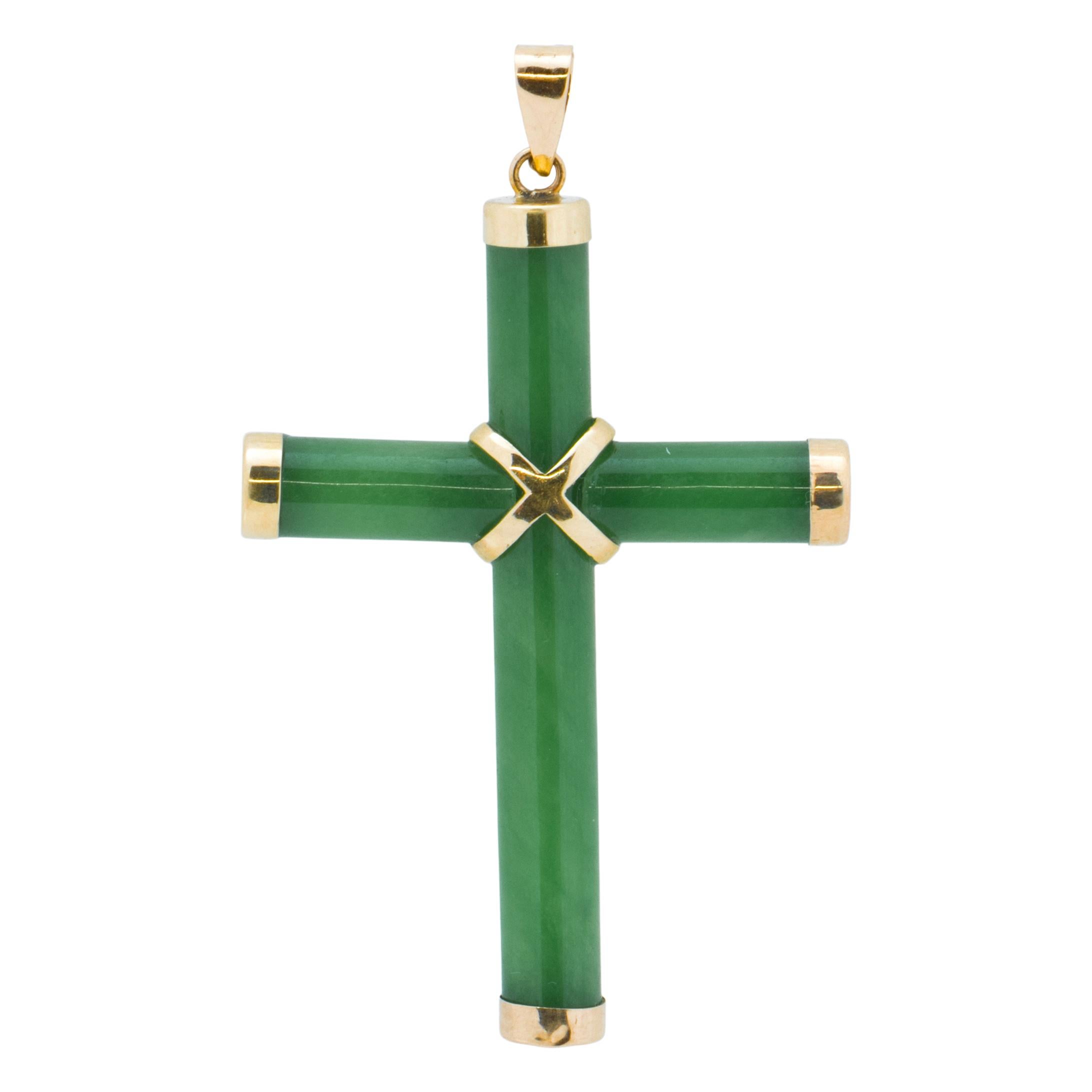 Mixed Cut 14K Gold Jade Cross Pendant For Sale