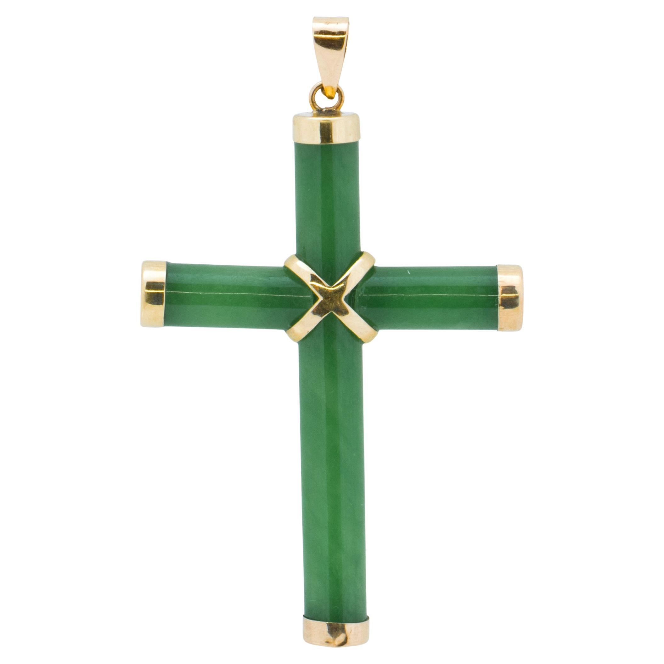 14K Gold Jade Cross Pendant