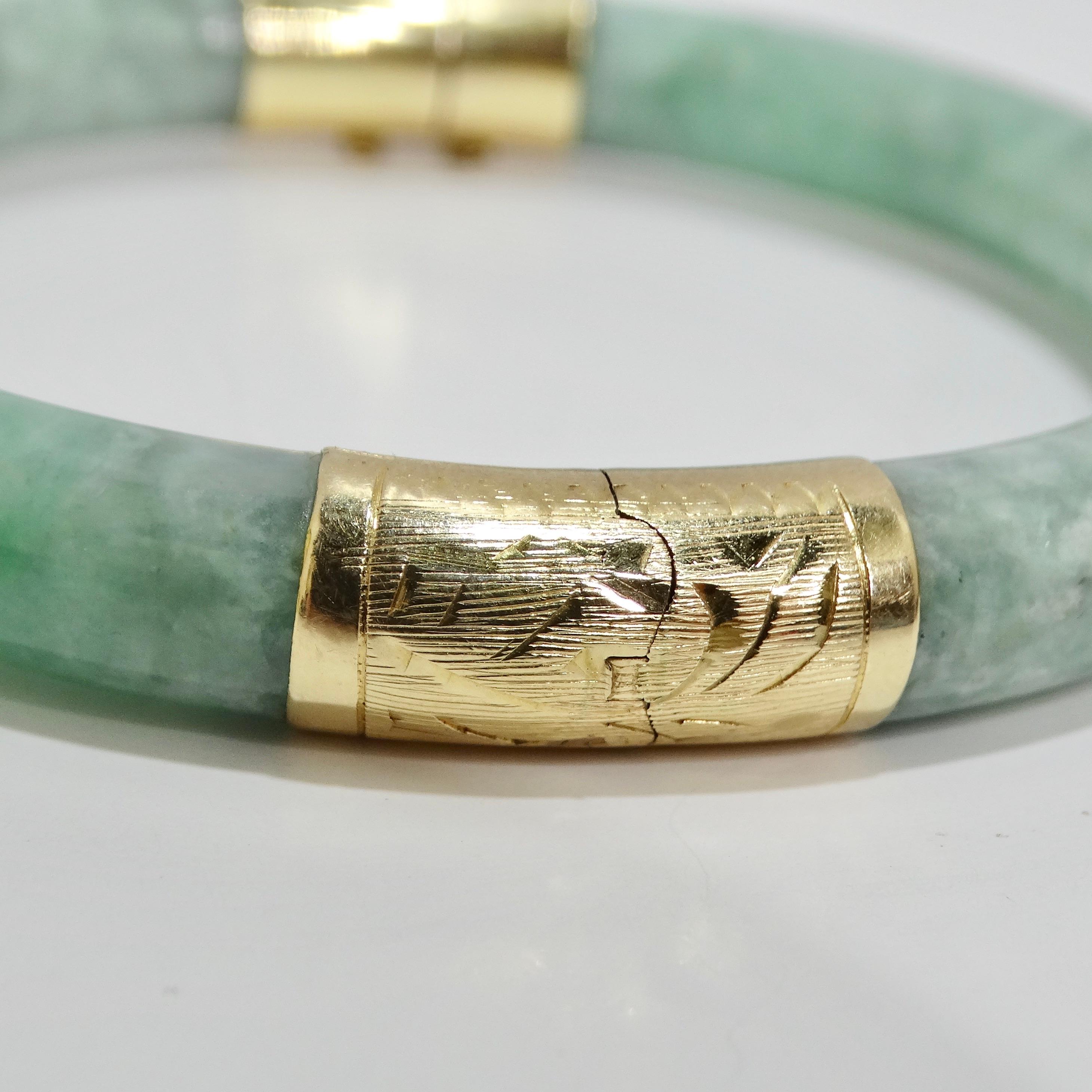 14K Gold Jade Jadeite Hinged Bangle Bracelet For Sale 2