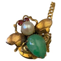 Vintage 14k Gold Jade Pearl Garnet Fruit Fly Small Tie Pin