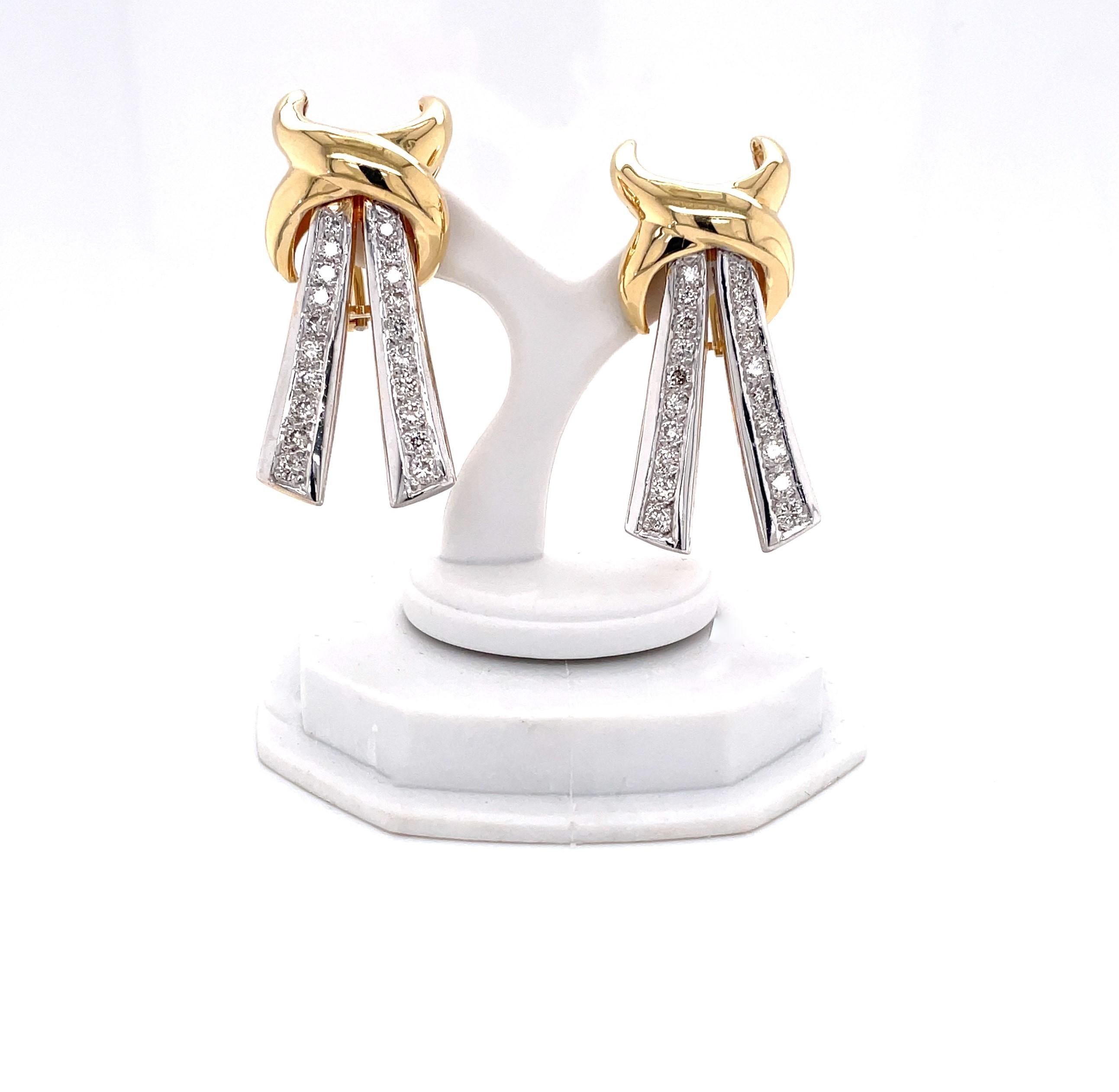 Round Cut 14K Gold Knot Drop Earrings with Diamond Ribbons For Sale