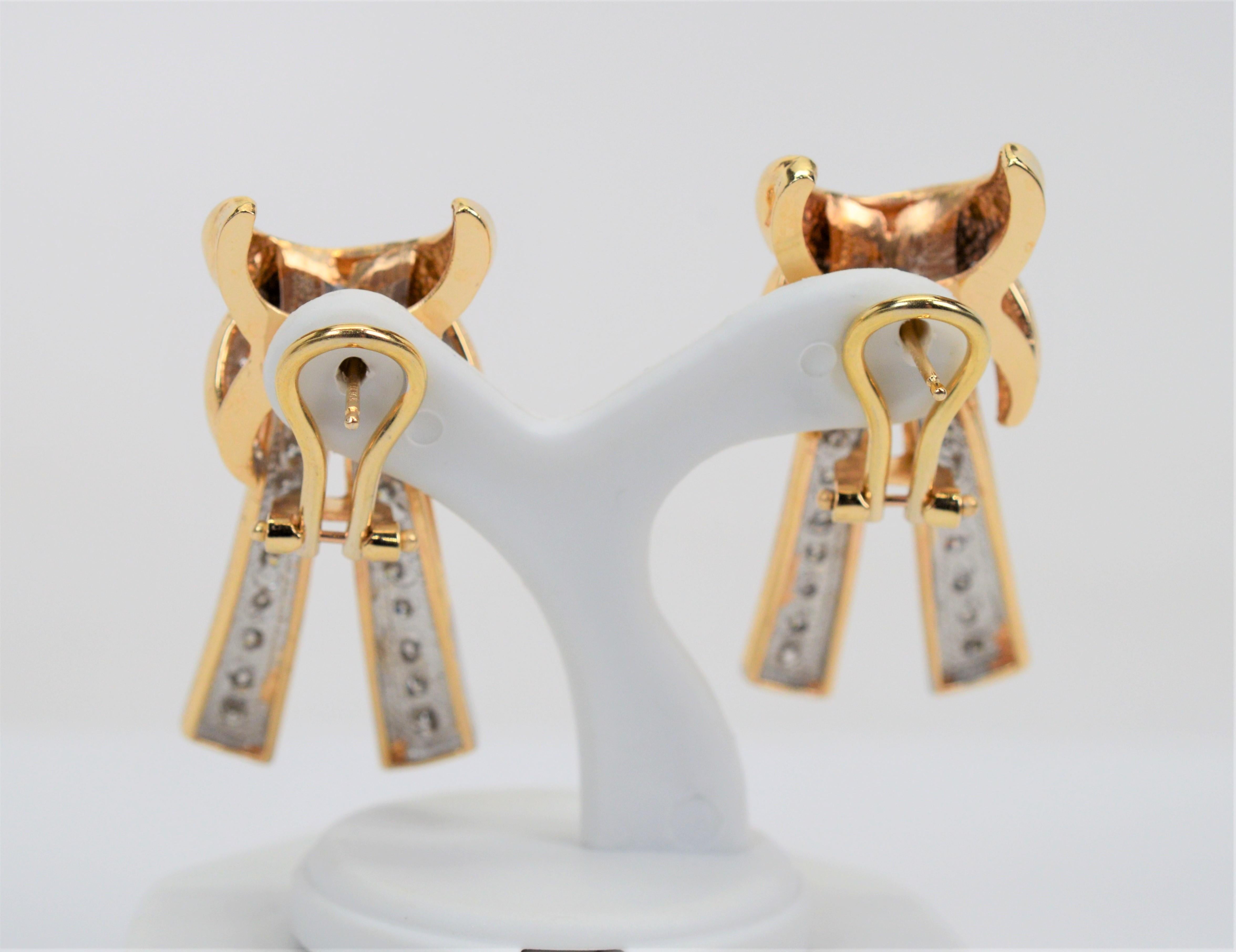 14K Gold Knot Drop Earrings with Diamond Ribbons In Excellent Condition For Sale In Mount Kisco, NY