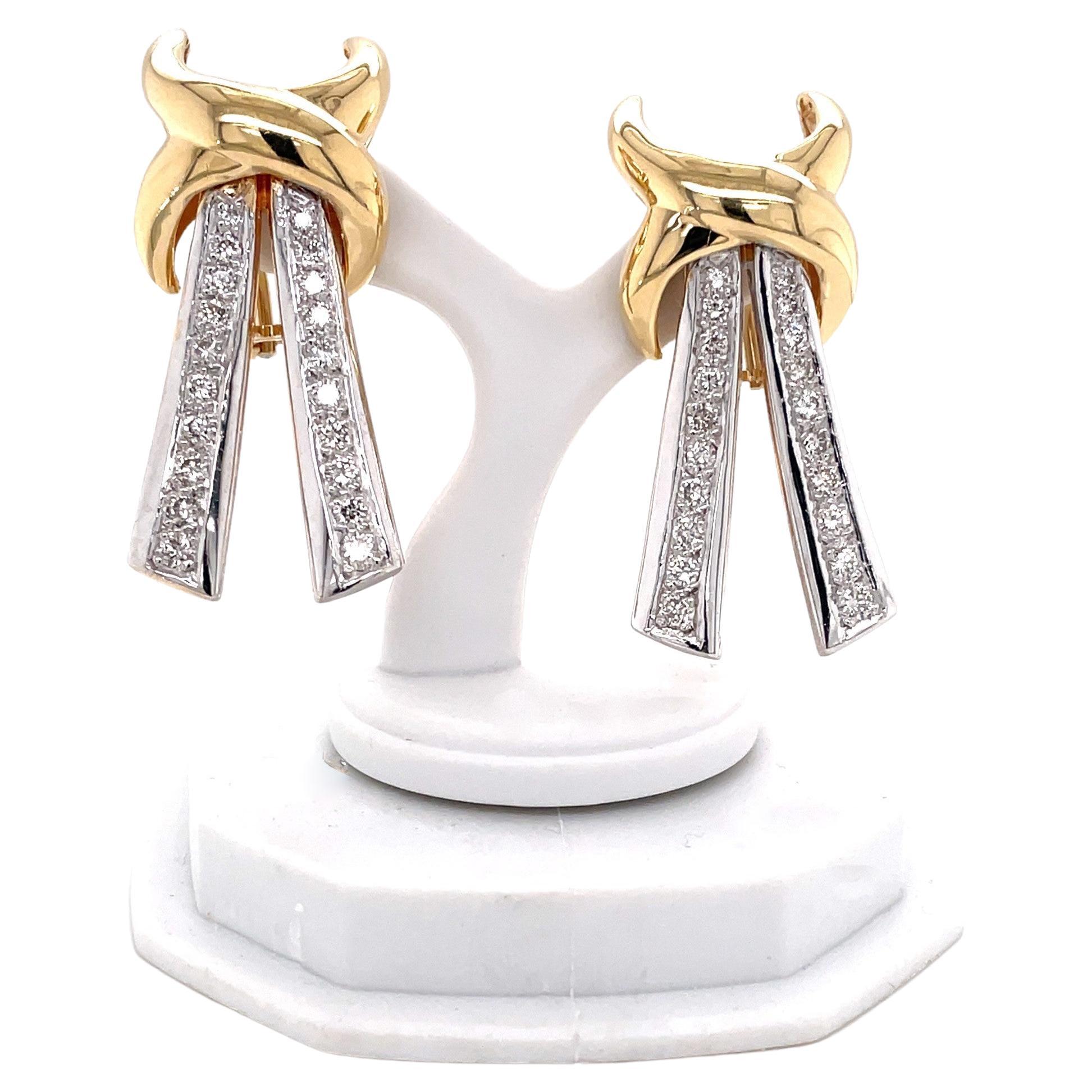 14K Gold Knot Drop Earrings with Diamond Ribbons For Sale