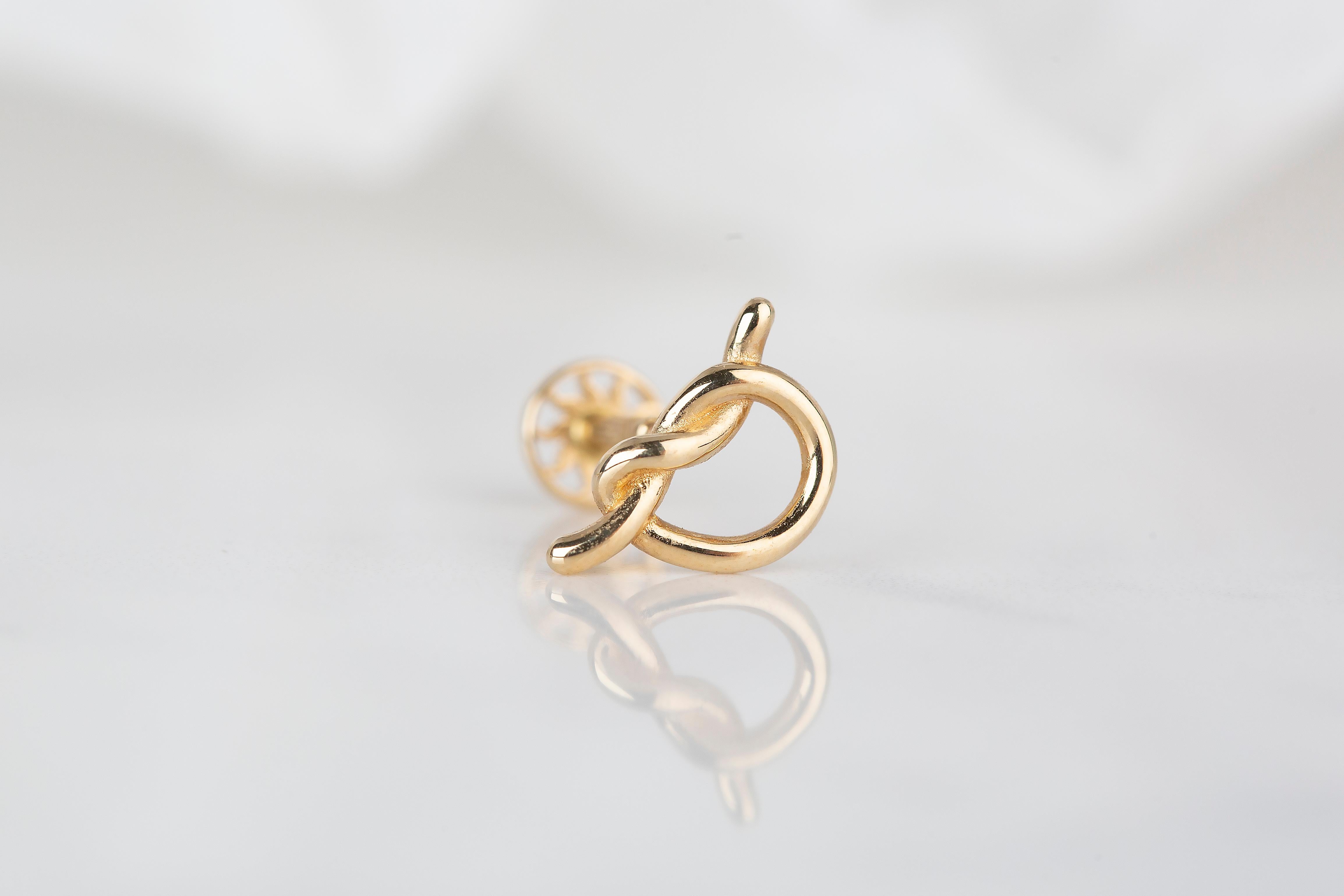 14K Gold Knot Piercing, Love Knot Gold Stud Earring For Sale 2