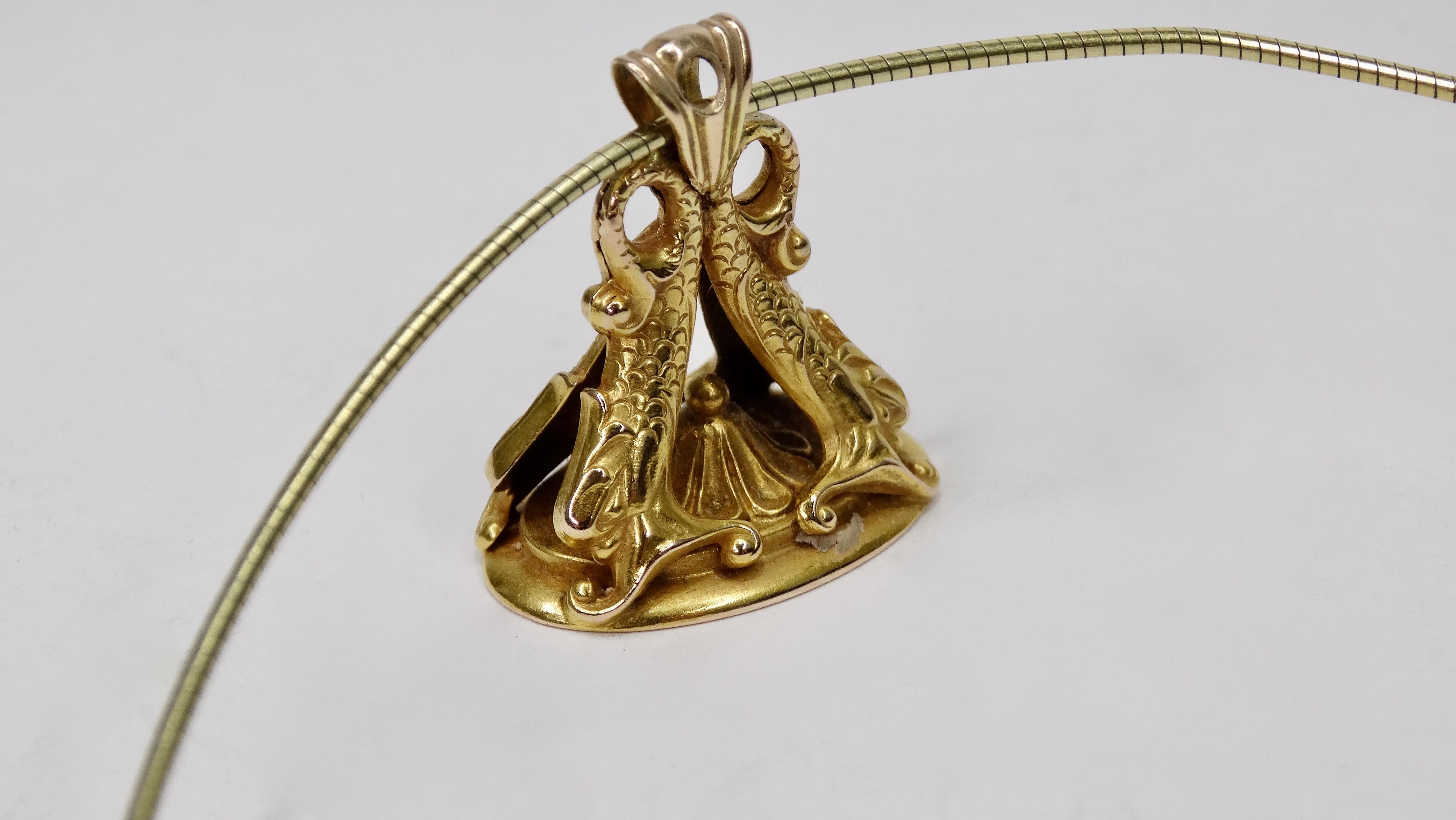 Beautiful 14k Gold Italian made chain with a Victorian era Koi fish intaglio gold seal fob pendant. These fobs were historically handcrafted in England during the Early Victorian Era, around 1850. The seal fobs would have been used to stamp wax to