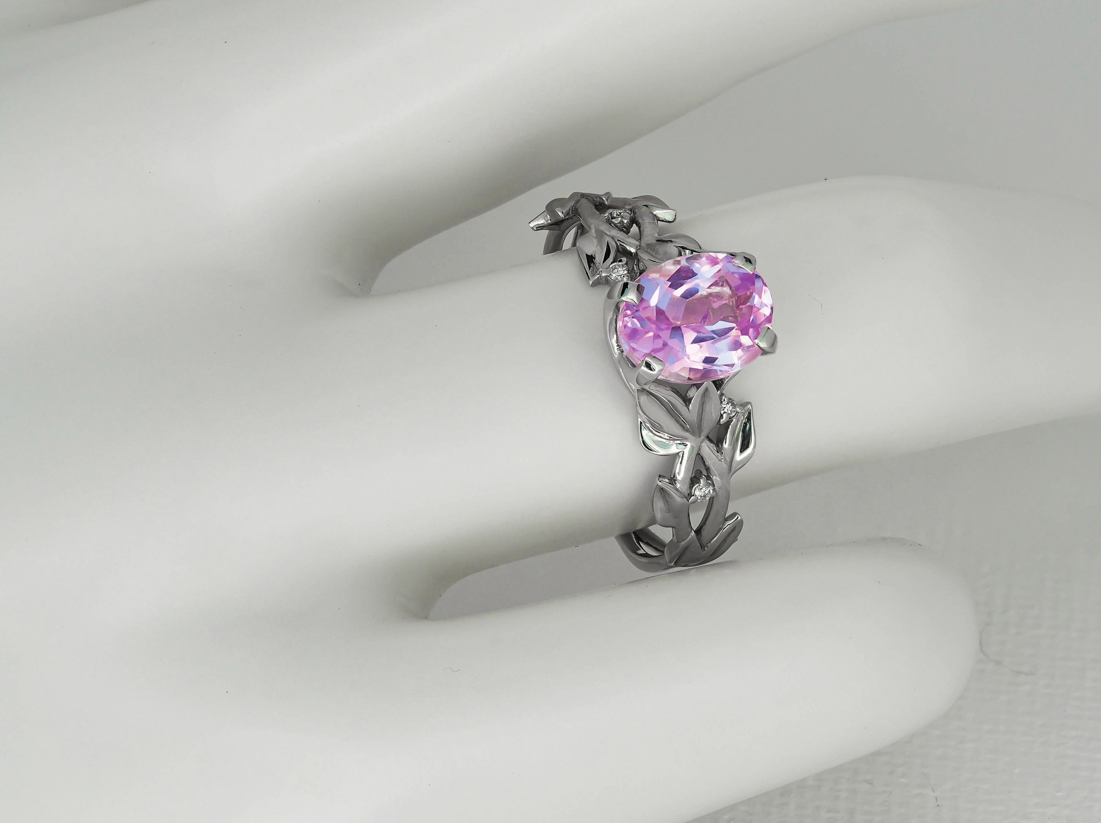 En vente :  Bague en or 14 carats avec kunzite et diamants 2