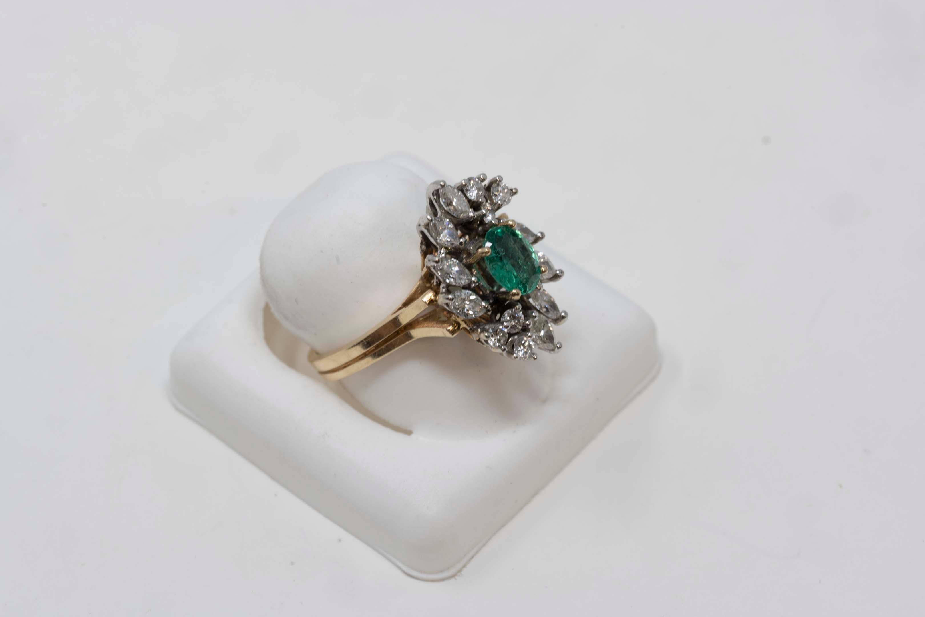 Modern 14k Gold Ladies Emerald and Diamond Ring For Sale