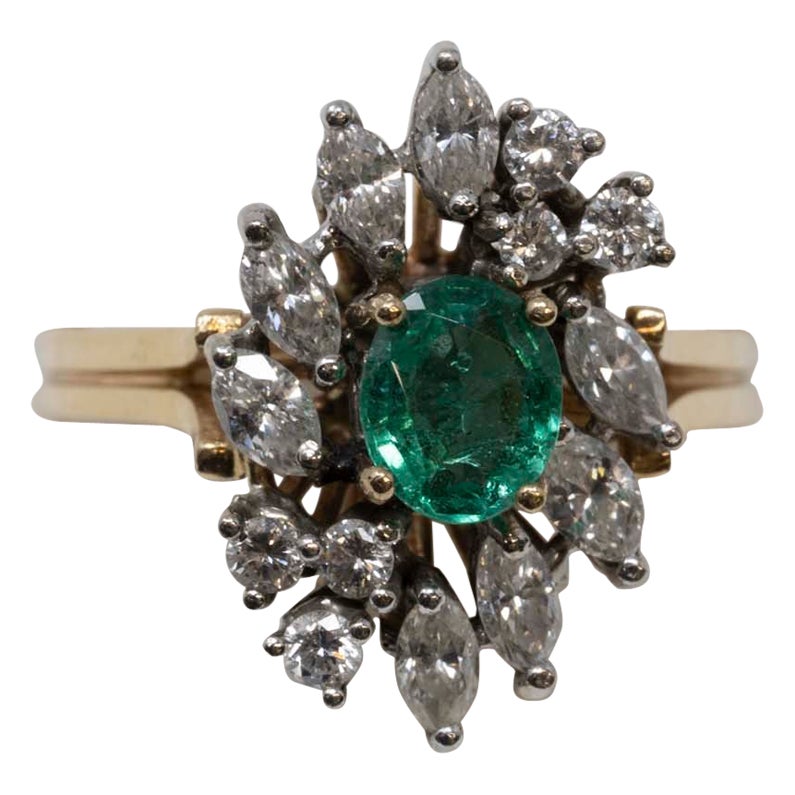 Bague pour femme en or 14 carats avec émeraudes et diamants