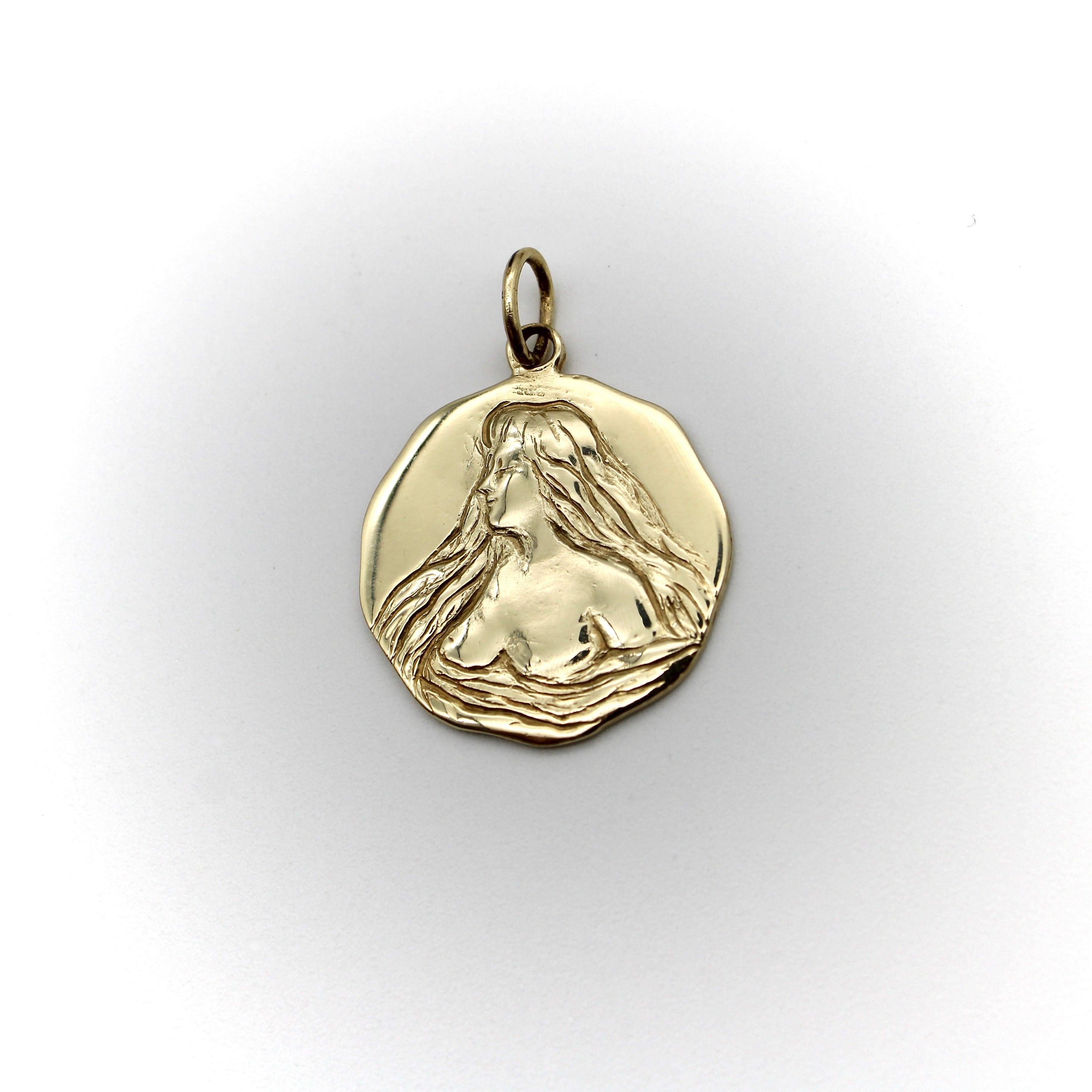 14K Gold Lady of the Water Signature Medallion Pendant For Sale 1