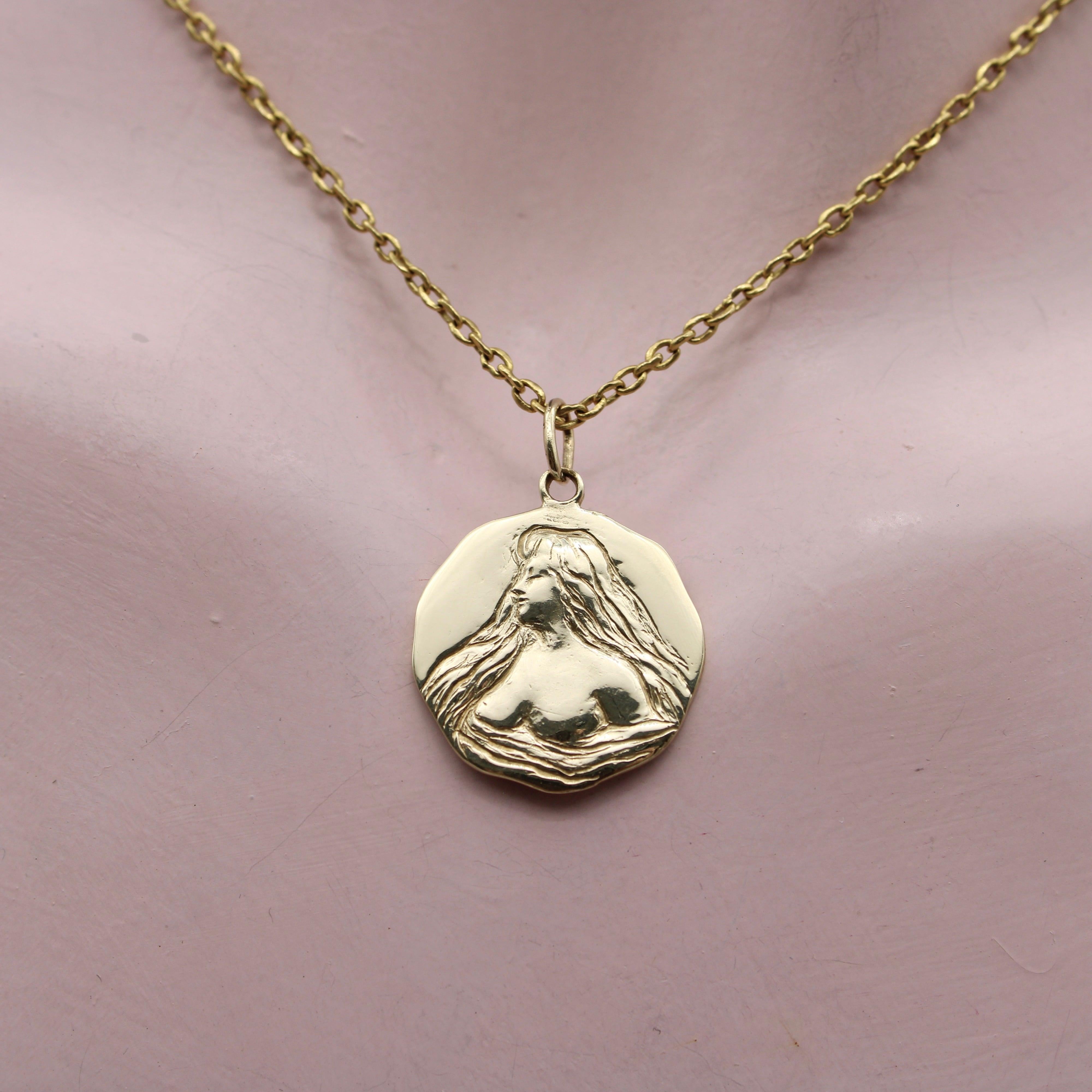 14K Gold Lady of the Water Signature Medallion Pendant For Sale 2