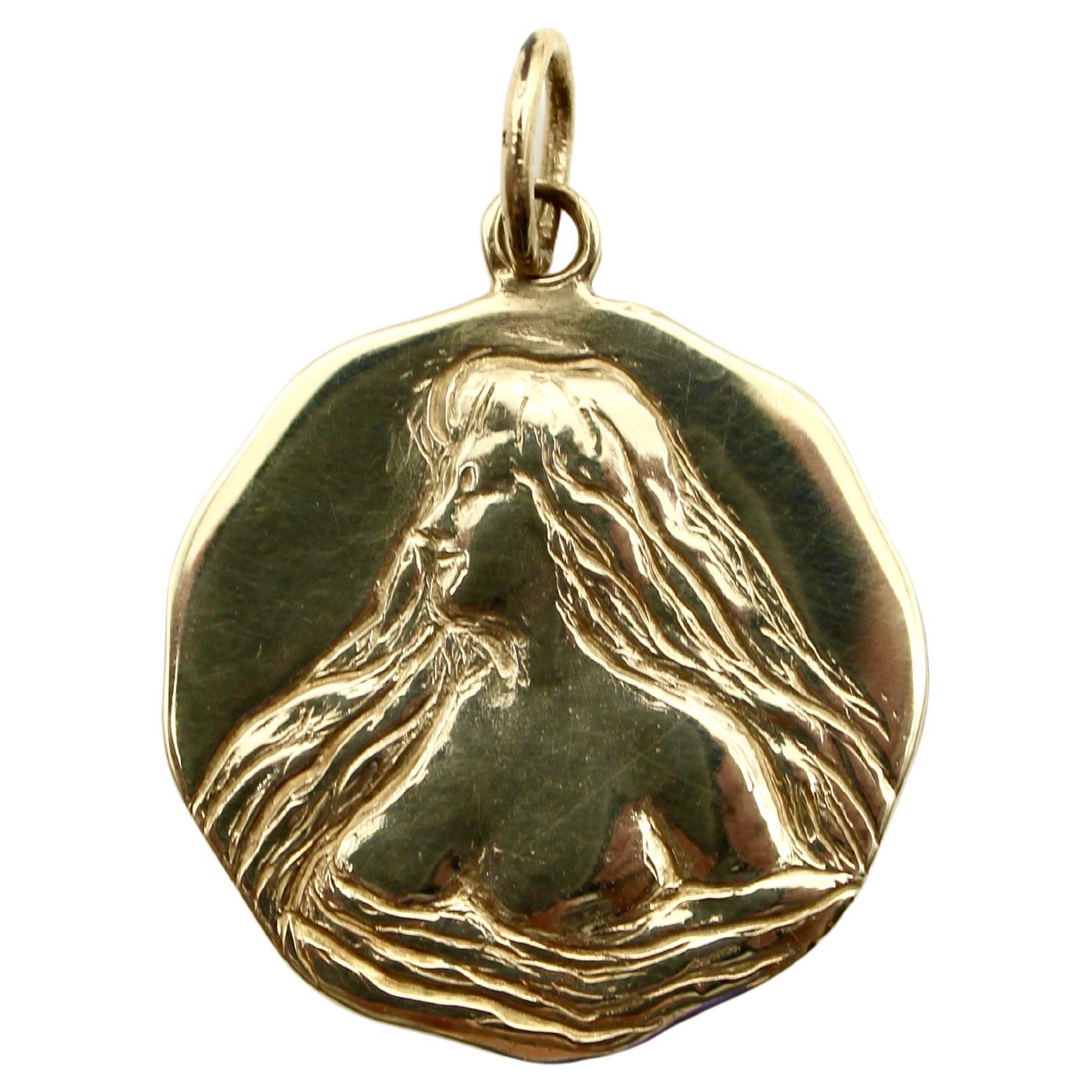 14K Gold Lady of the Water Signature Medallion Pendant For Sale