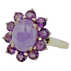 Vintage 14k Gold Lady's Cocktail Ring with Lavender Jade Cabochon and Amethysts