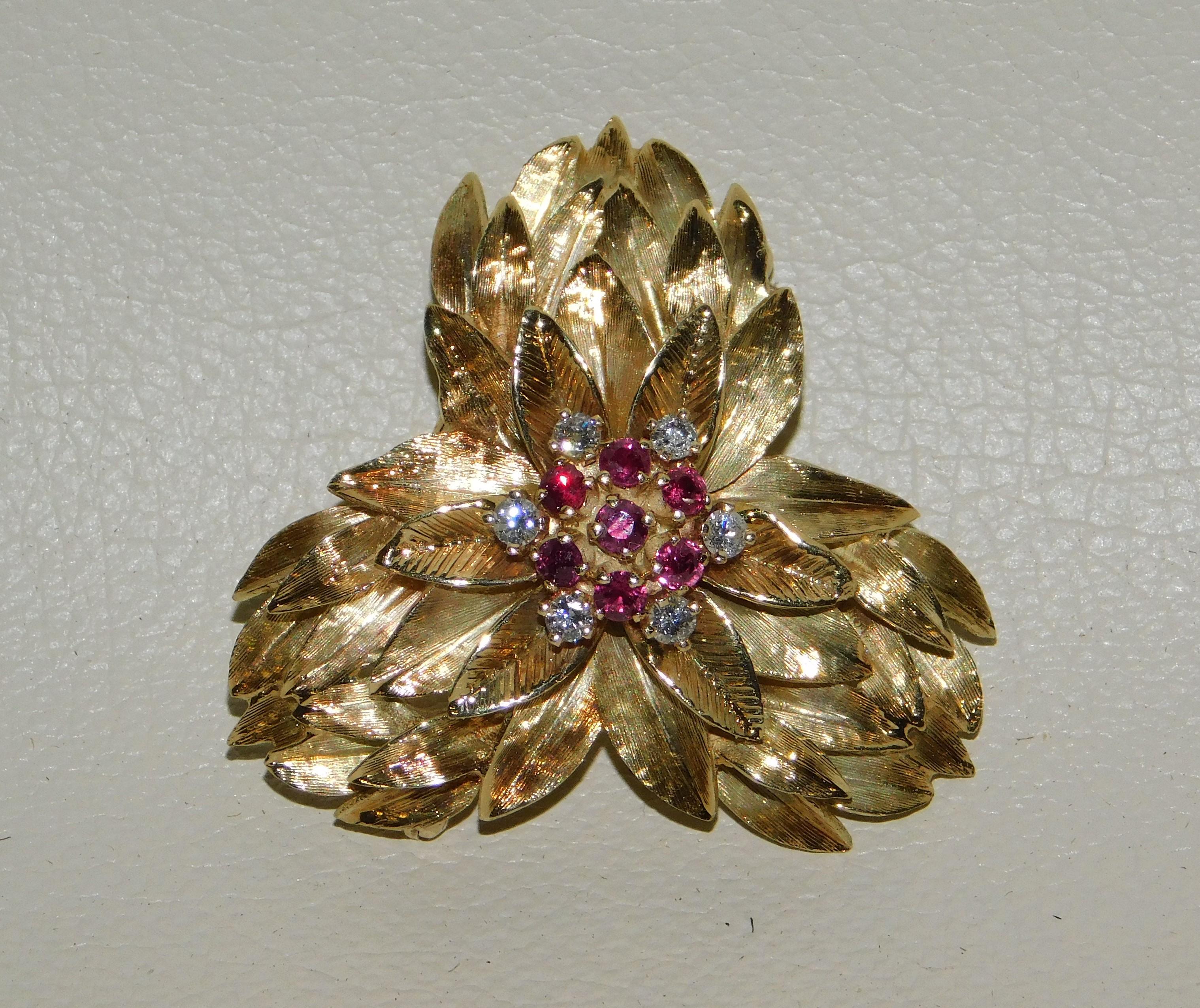 20th Century 14K Gold Lady's Floral Design Brooch/Pendant with Cut 7 Rubies and 6 Diamonds For Sale