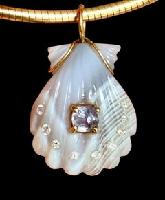 14k Gold Laguna Agate Shell Pendant with Spinel & Diamonds