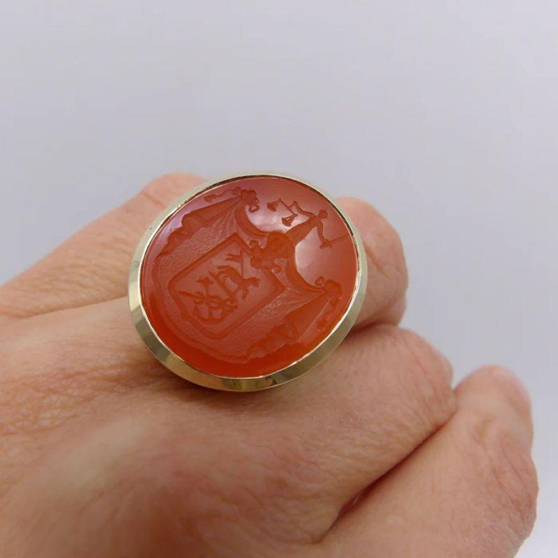 Contemporary 14k Gold Large Carnelian Justice Intaglio Signet Ring For Sale