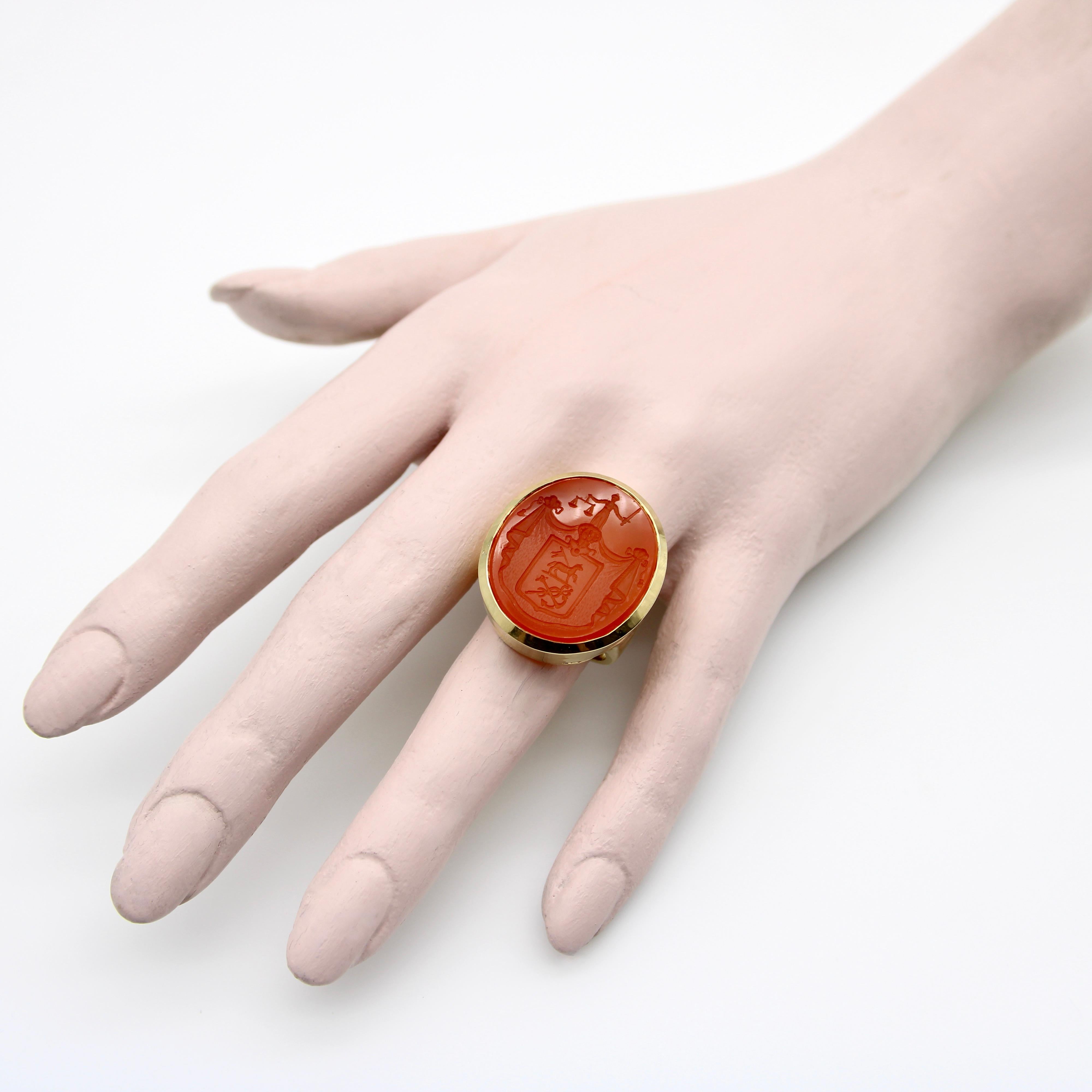 Contemporary 14k Gold Large Carnelian Justice Intaglio Signet Ring For Sale