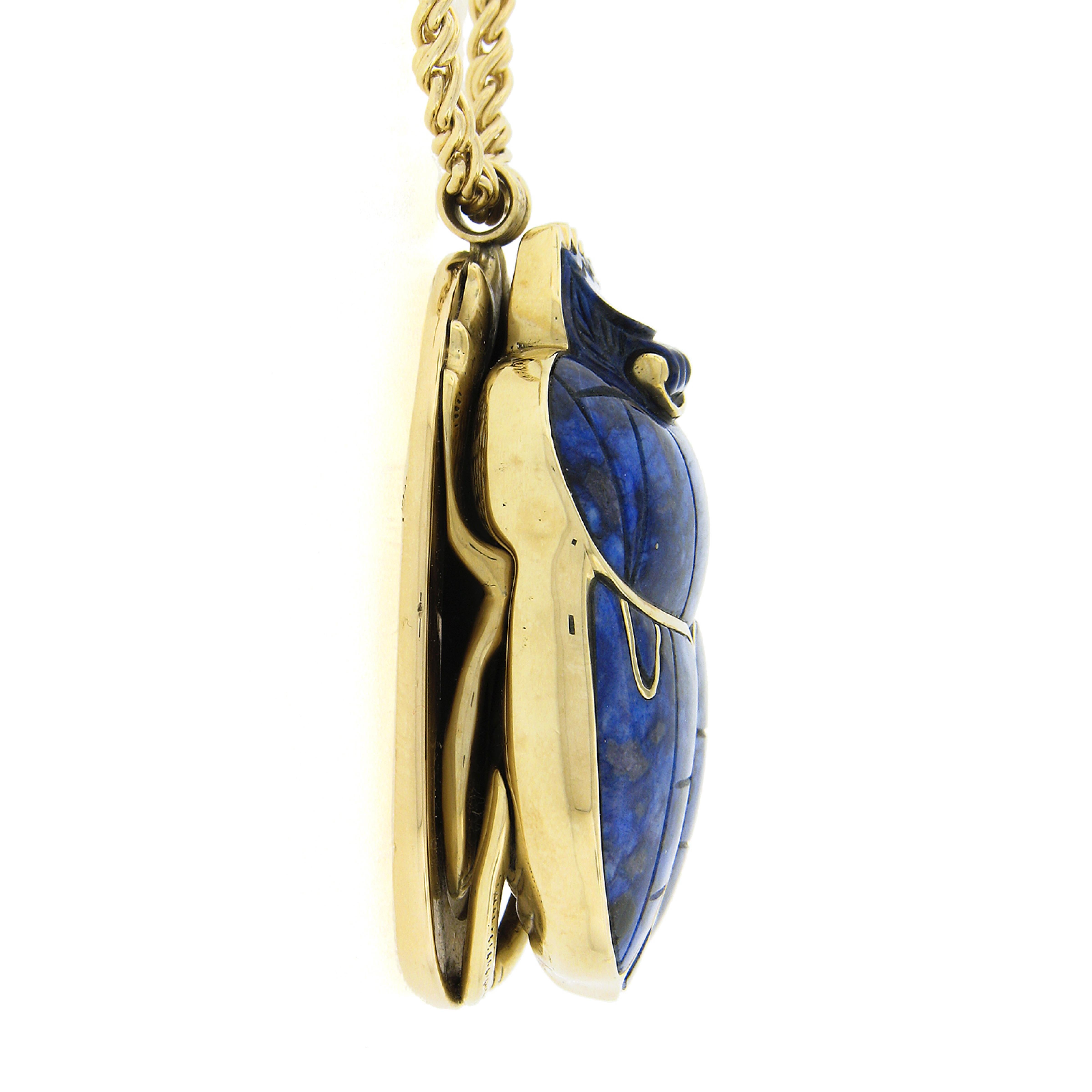 14k Gold Large Carved Lapis Coronation Scarab of Pharaoh Tutankhamen Necklace In Excellent Condition For Sale In Montclair, NJ