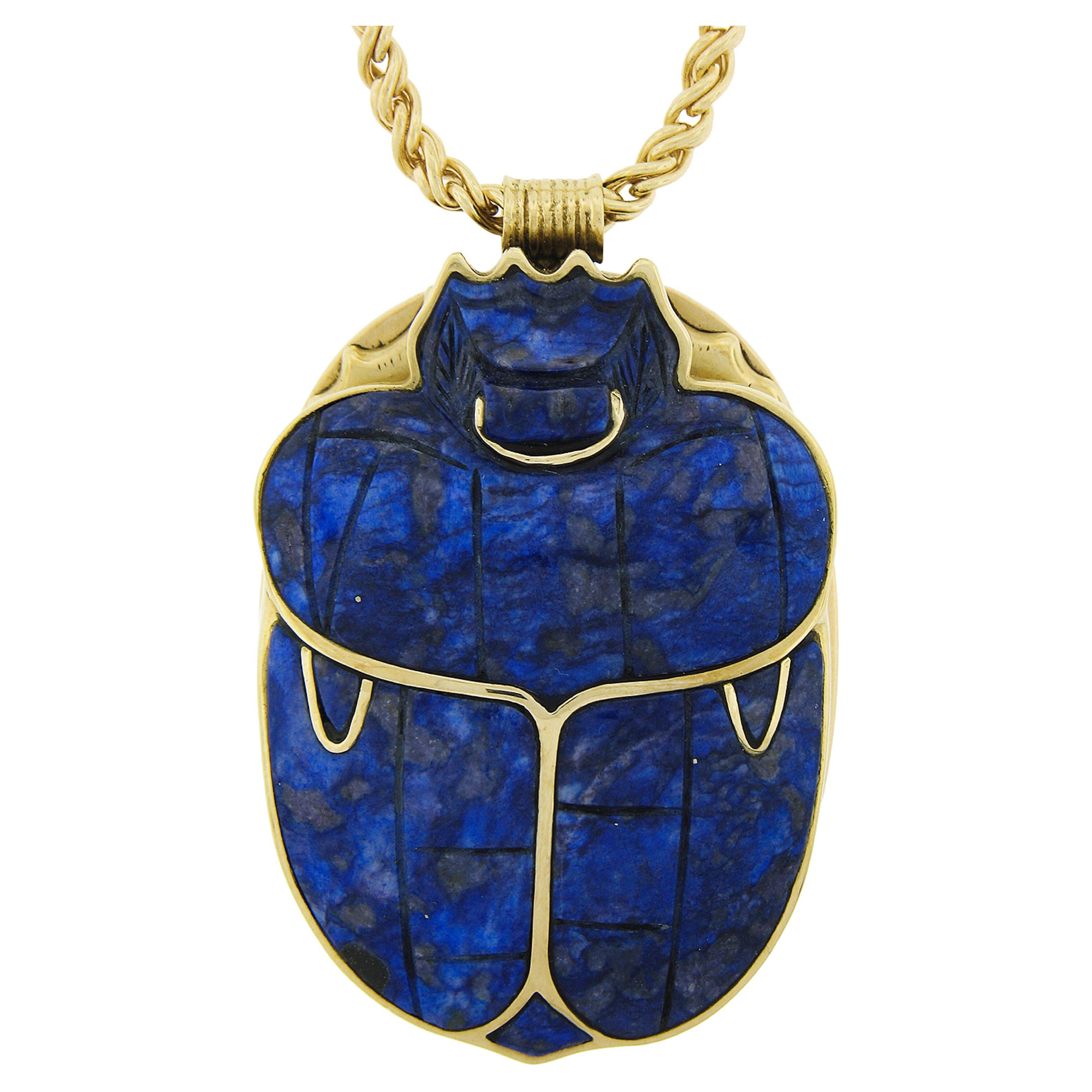 14k Gold Large Carved Lapis Coronation Scarab of Pharaoh Tutankhamen Necklace For Sale