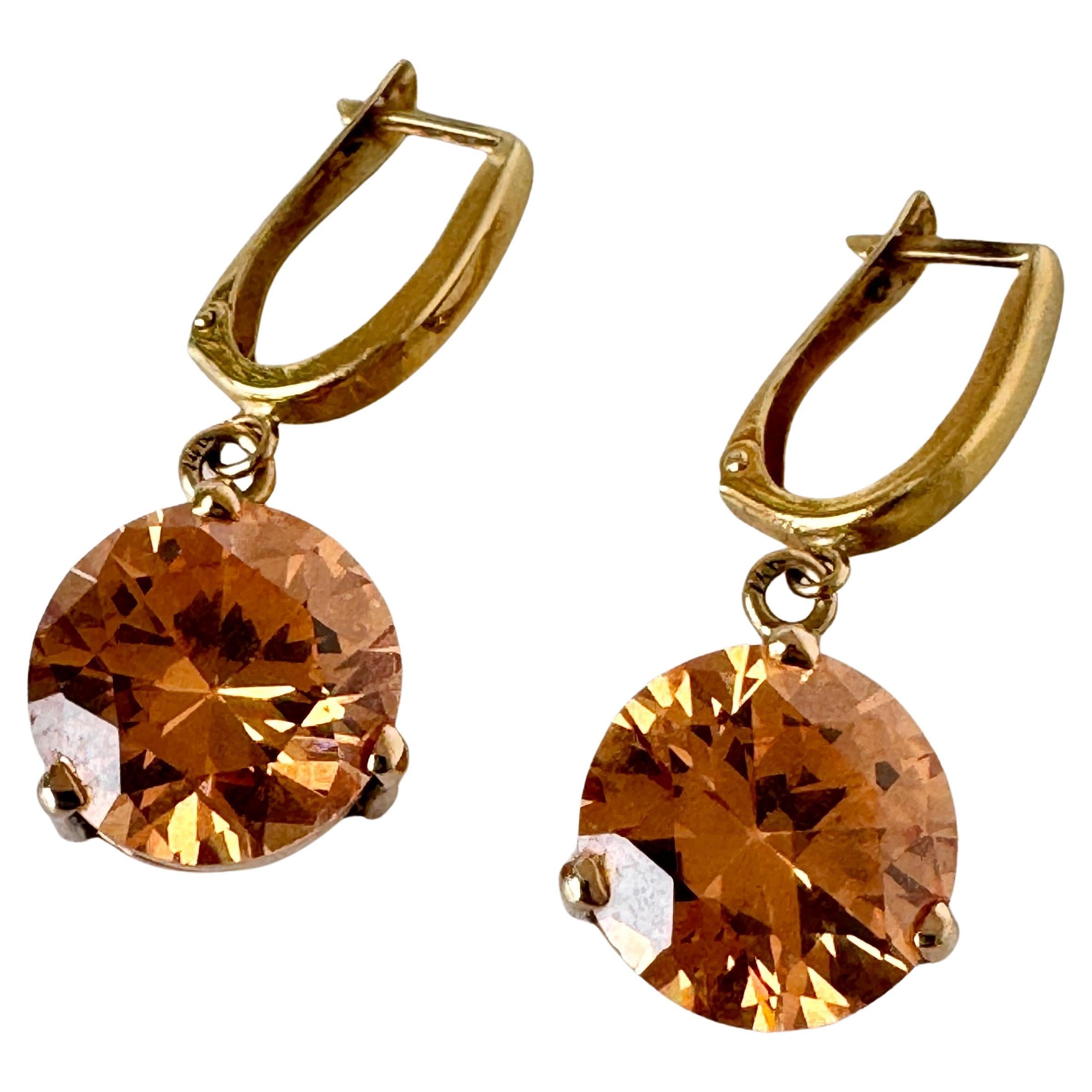 Brilliant Cut 14K Gold Citrine Dangle Earrings For Sale