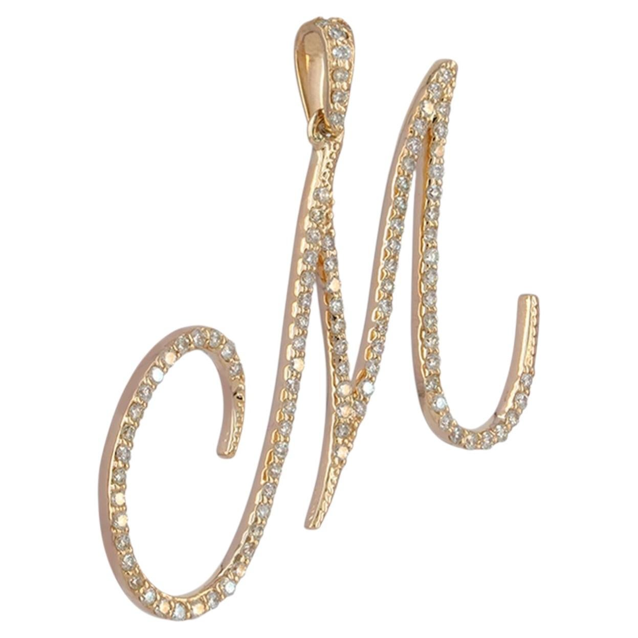 14K Gold Large Cursive Script Diamond Pave Letter M Initial Pendant 0.82 Ct