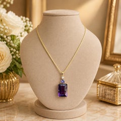 14k Gold Large Emerald Amethyst w/ Tanzanite & Diamond Pendant 20" Necklace