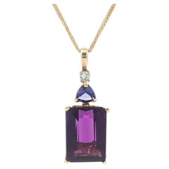 14k Gold Large Emerald Amethyst w/ Tanzanite & Diamond Pendant 20" Necklace