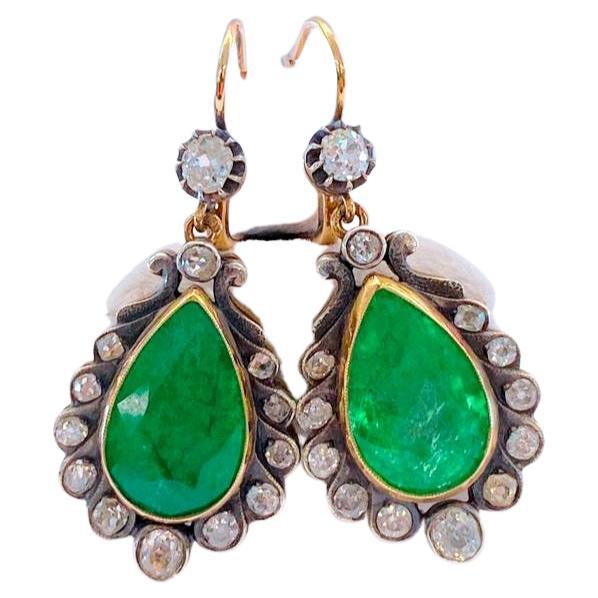  Emerald And Old Mine Cut Diamond Earrings For Sale